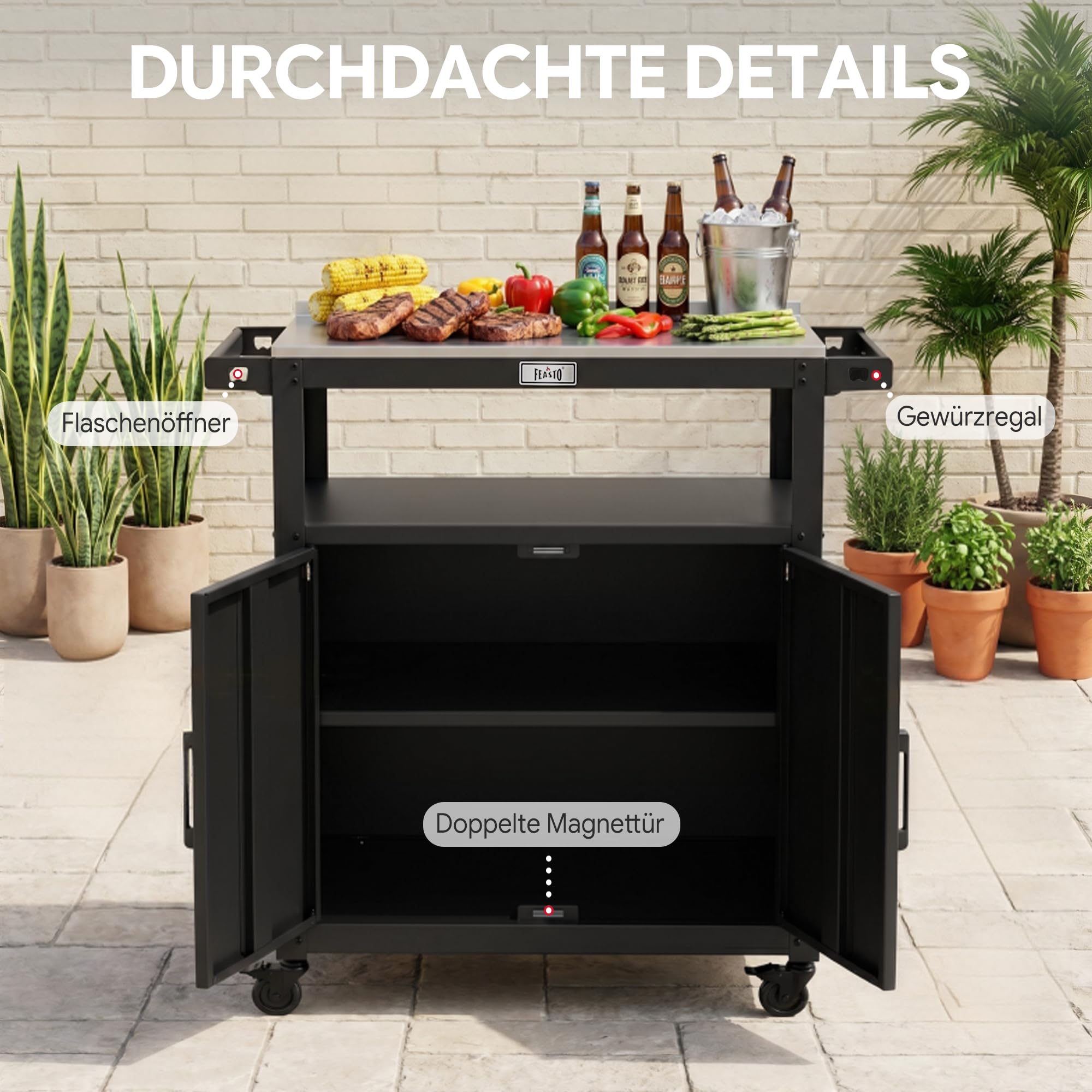 Feasto Servierwagen mit Rollen, Grillwagen mit Schrank, Edelstahlplatte, Outdoor Küche für Terrasse & Garten, 100x45x89,5 cm
