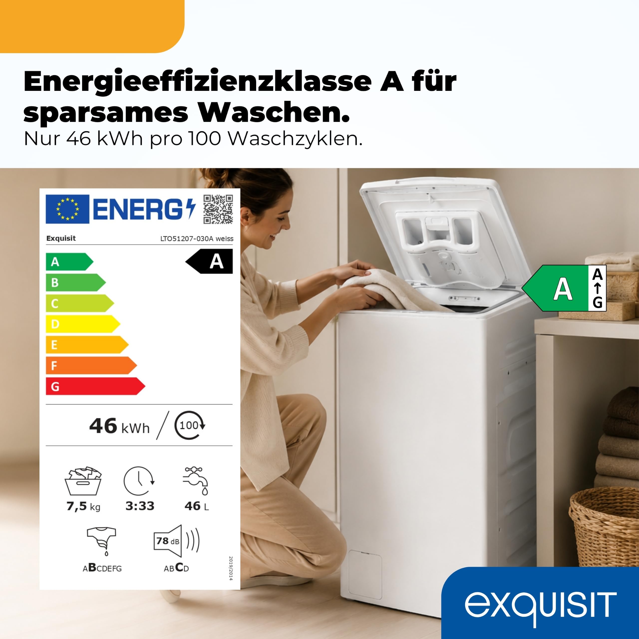 Exquisit Toplader Waschmaschine 7,5kg A 1200 U/Min Weiß 15 Programme Aquastop Startverzögerung