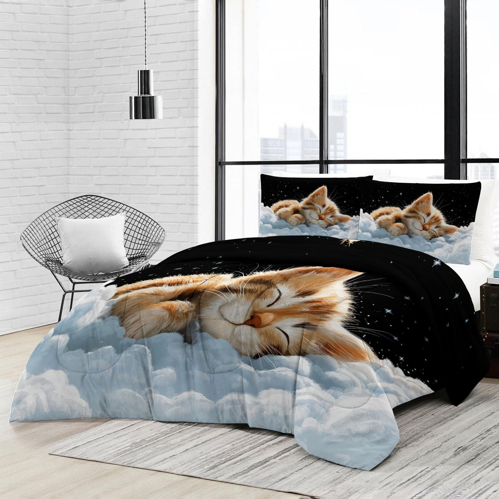 Eine Katze Schläft Auf Einer Wolke Bettdecke ohne Bezug 135 x 200 cm Warme und Weiche Schlafdecke Steppdecke mit 2 Kissenbezügen, Bettwäsche für Allergiker Bettbezug, Schwarz