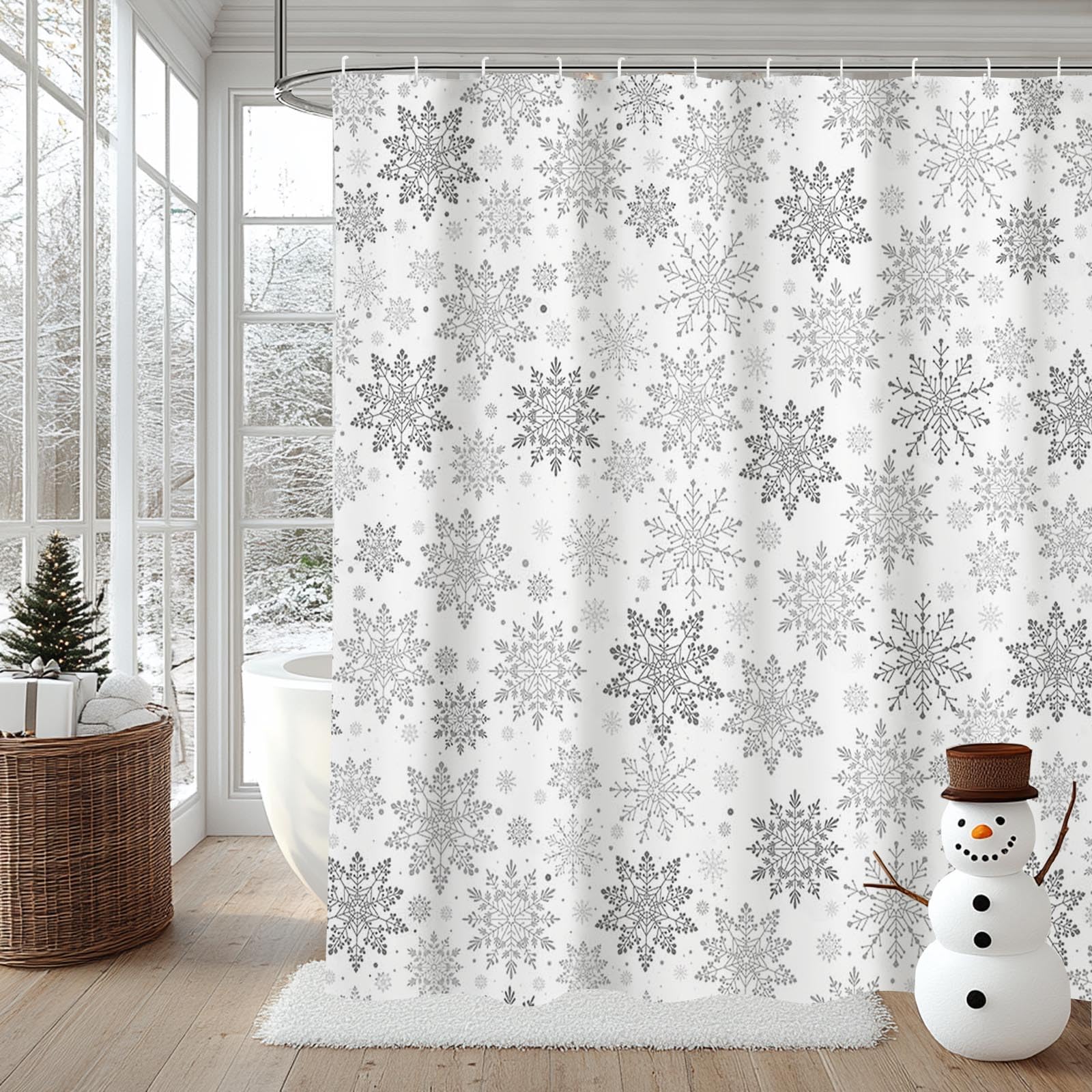 AIBIIN Cortina de ducha con diseño de copo de nieve gris y blanco, decoración de Navidad para baño, material de poliéster impermeable duradero con 12 ganchos, 180 x 180 cm
