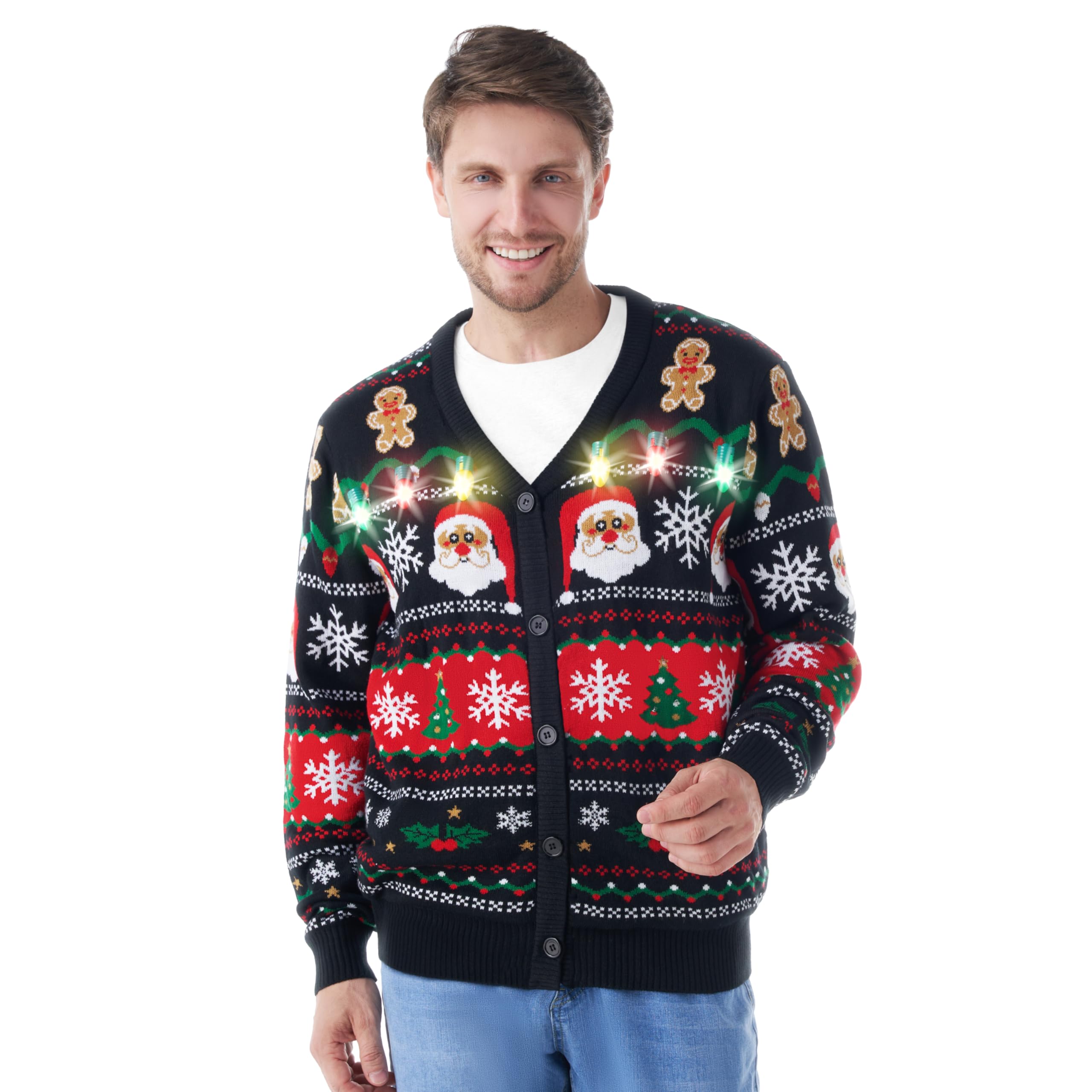 Giggling Getup Suéteres feos de Navidad para hombre, suéter feo divertido con luz para hombre, suéter cárdigan para hombre