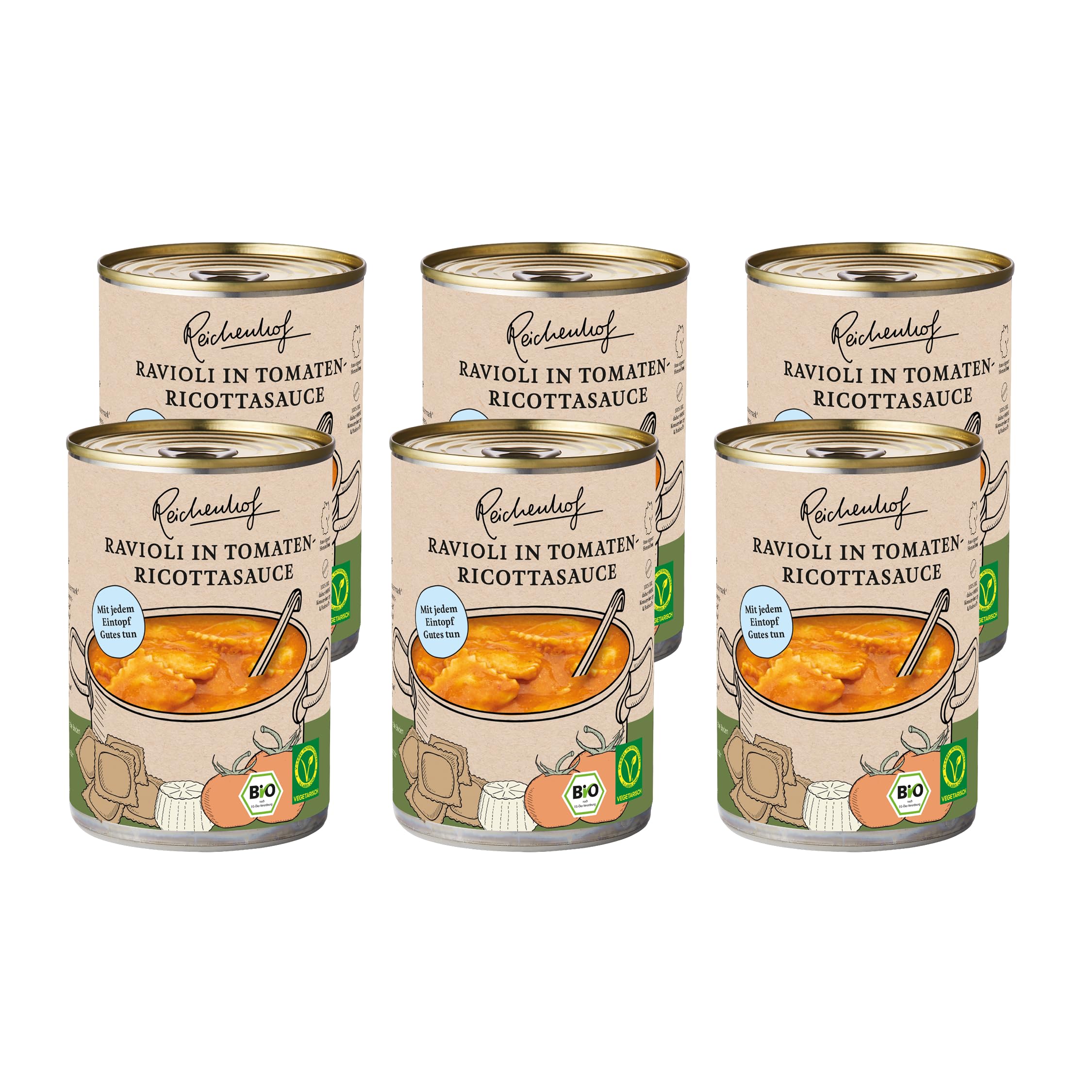 Reichenhof, Ravioli in Tomaten-Ricottasauce, 6er Pack Bio-Fertiggericht, (6x 400g)