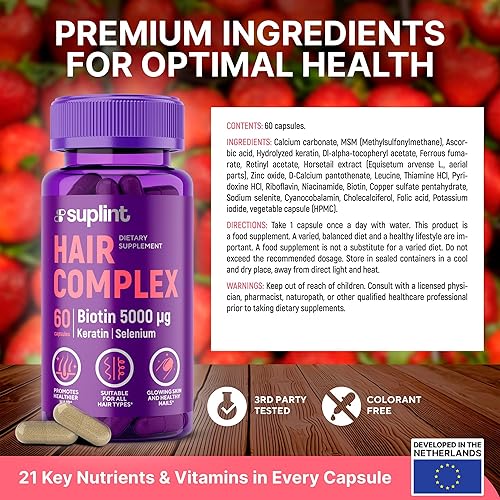 Miniatura 10 de Complejo vitamínico capilar con biotina 5000mcg, queratina, selen, zink  Suplemento para el crecimiento del cabello con vitamina A, C, D, E, B12