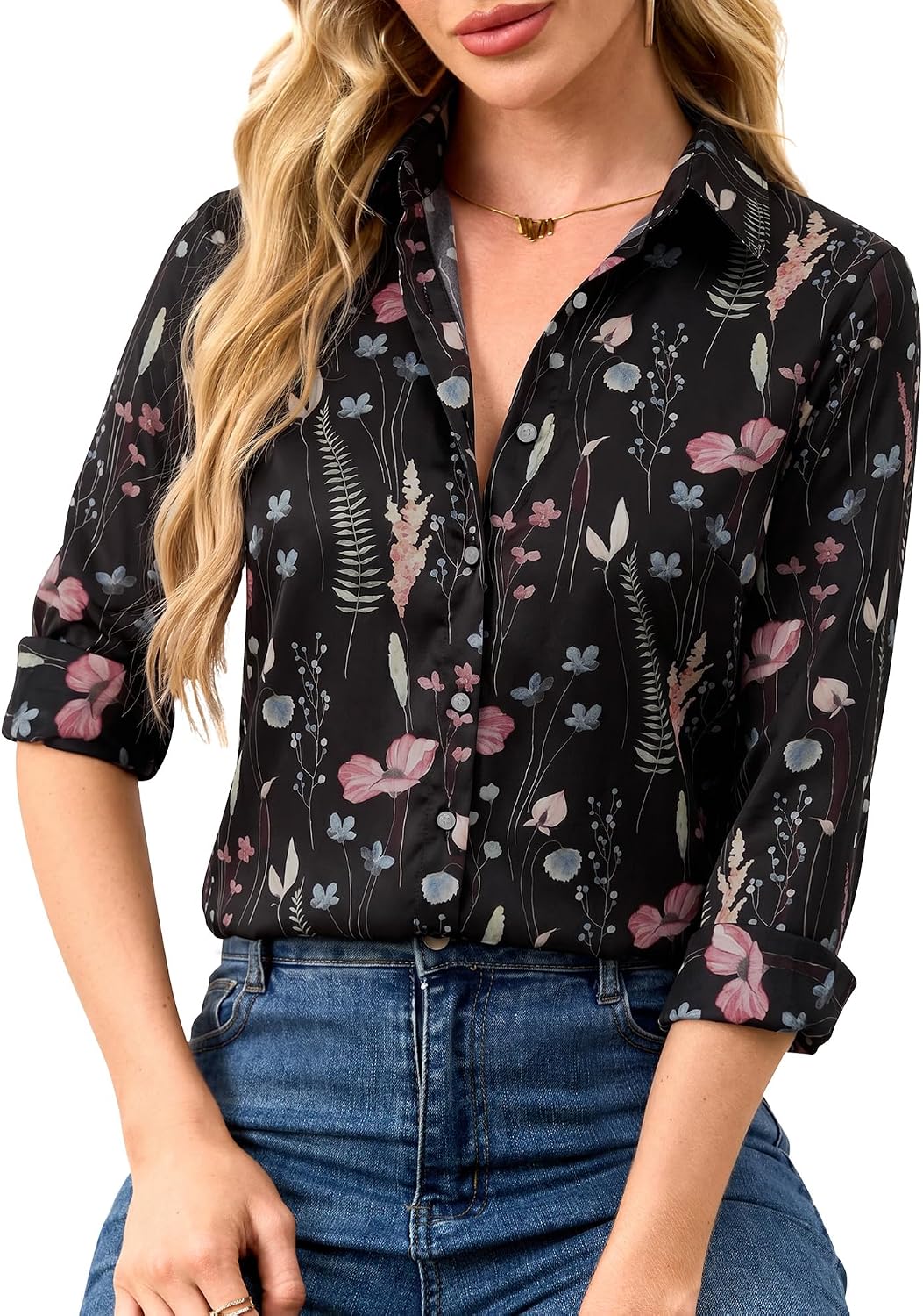  Wrinkle-Resistant Silky Women Printed Button Down Shirt Long Sleeve | Fitted Size XS-3XL, Lightweight, Durable Stitching, Breathable & Non-see-through, No Shrinking, Business & Casual Wear