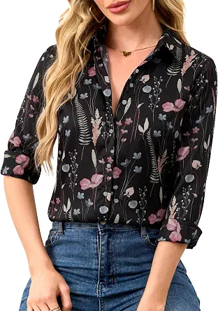 Wrinkle-Resistant Silky Women Printed Button Down Shirt Long Sleeve | Fitted Size XS-3XL, Lightweight, Durable Stitching, Breathable & Non-see-through, No Shrinking, Business & Casual Wear