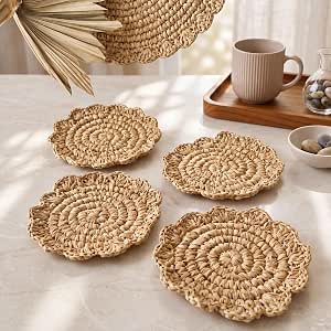 4 Pcs 5.9'' Handmade Natural Woven Coaster, Boho Coastal Ornament