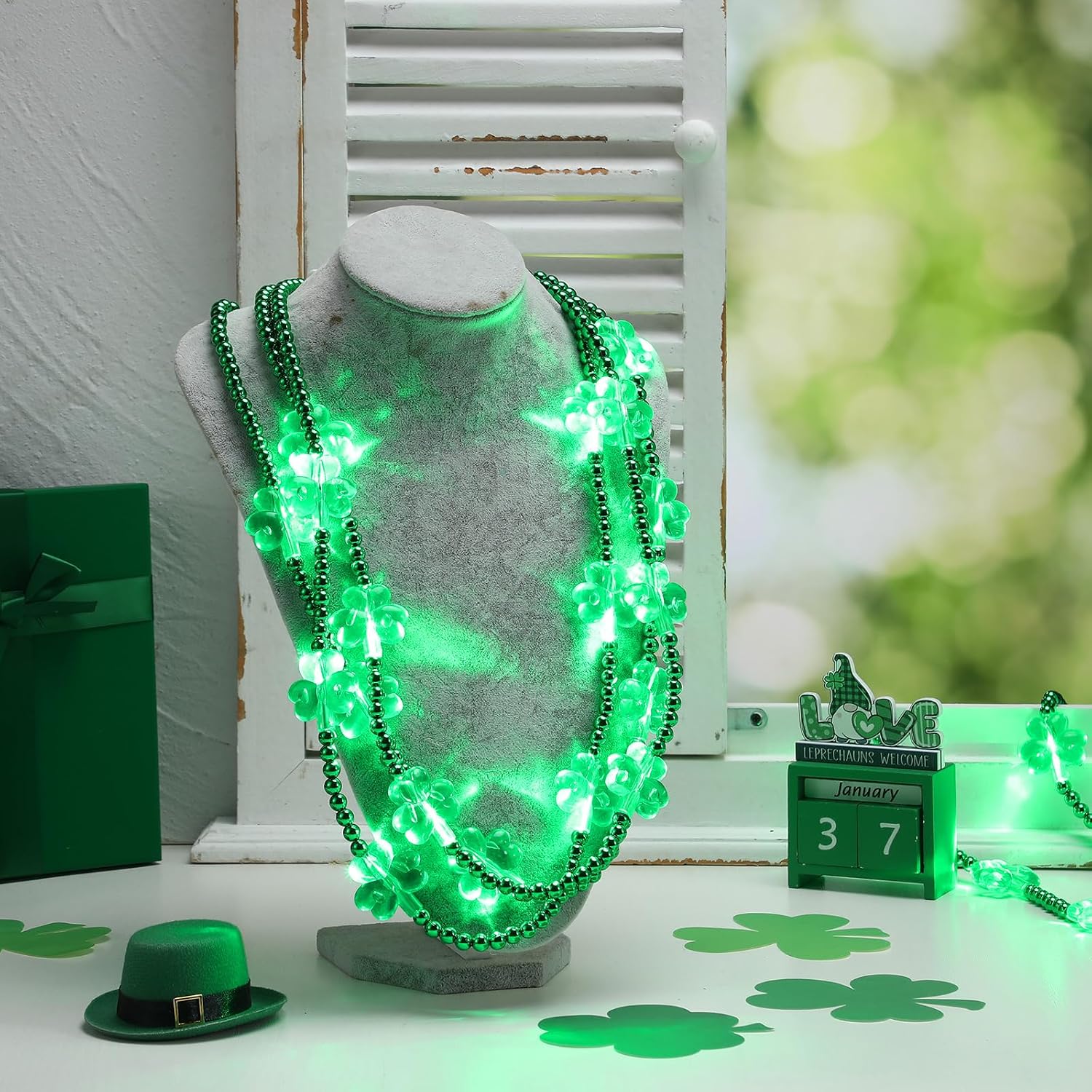 Ecation 12 Pcs LED St Patrick's Day Beads Necklace Colorful Green Light up Bead Necklaces St Patrick's Day Glow Necklace Costumes Accessories for Birthdays Party Favors Supplies (Clover)