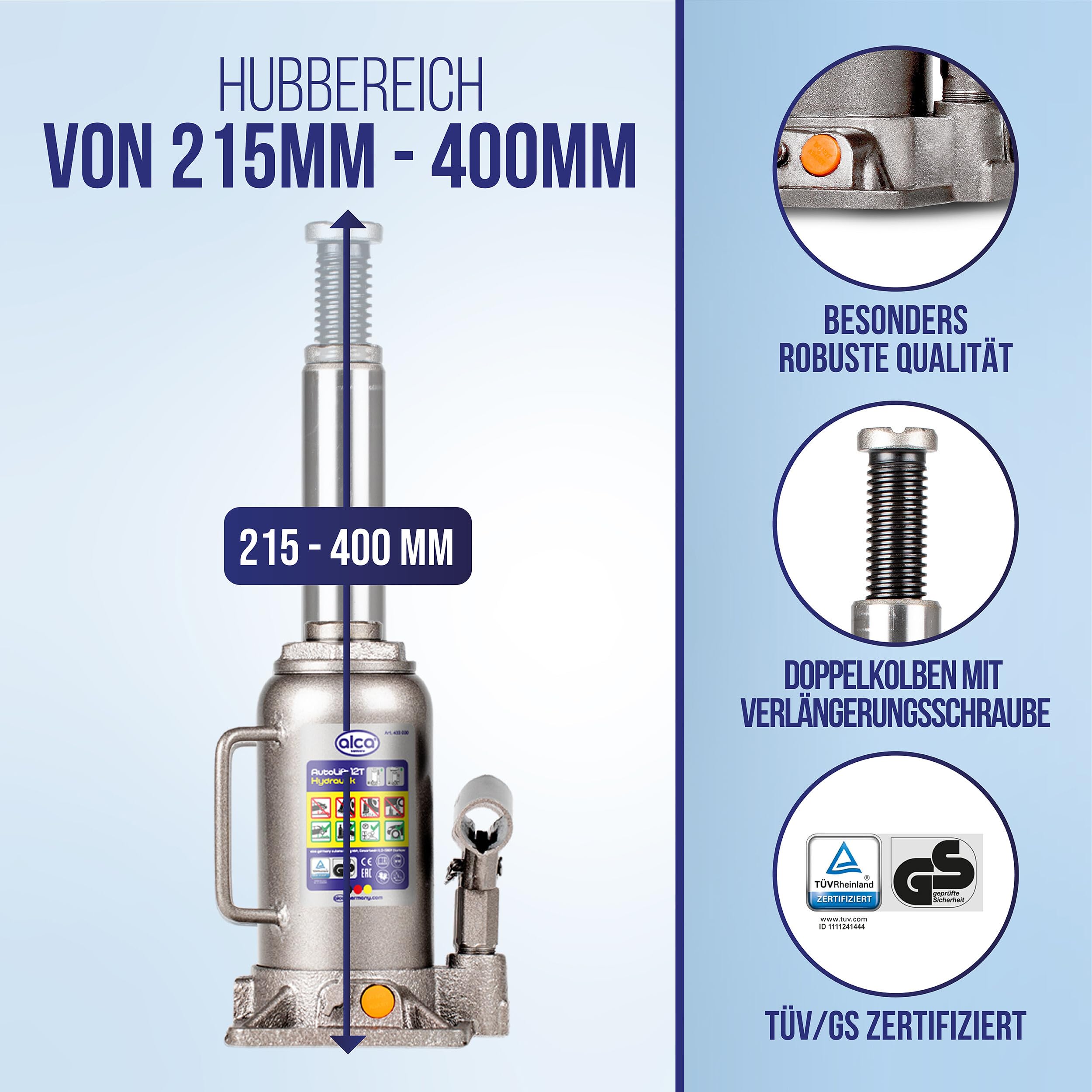 alca® hydraulischer Wagenheber 12t + Gummiauflage I Auto Unterstellheber Set, robust, TÜV & GS Zertifiziert, Doppelkolben, Verlängerungsschraube, Anti-Rutsch, schützt Unterboden, Hubhöhe 215–400 mm