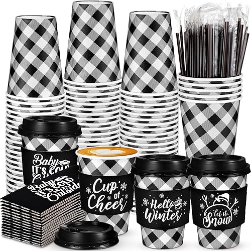 Layhit 100 tazas de café de Navidad a cuadros, vasos de papel desechables con tapas y popotes agitadores para invierno, Navidad, suministros de