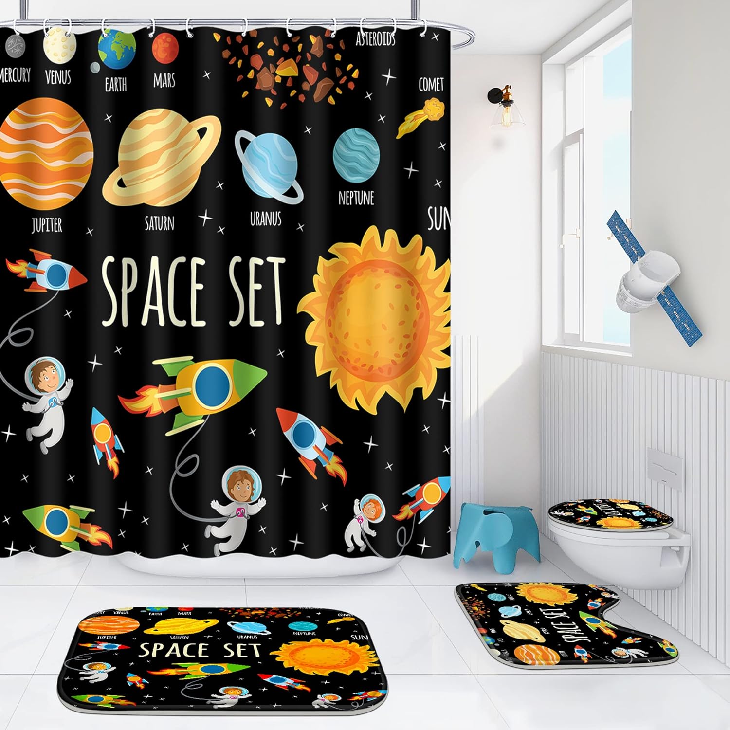 Poedist 4 Pcs Bathroom Shower Curtain Set,Kid's Bathroom Set,Shower Curtain Sets with Rugs(Bath Mat,U Shape and Toilet Lid Cover Mat) and 12 Hooks,Spaceship
