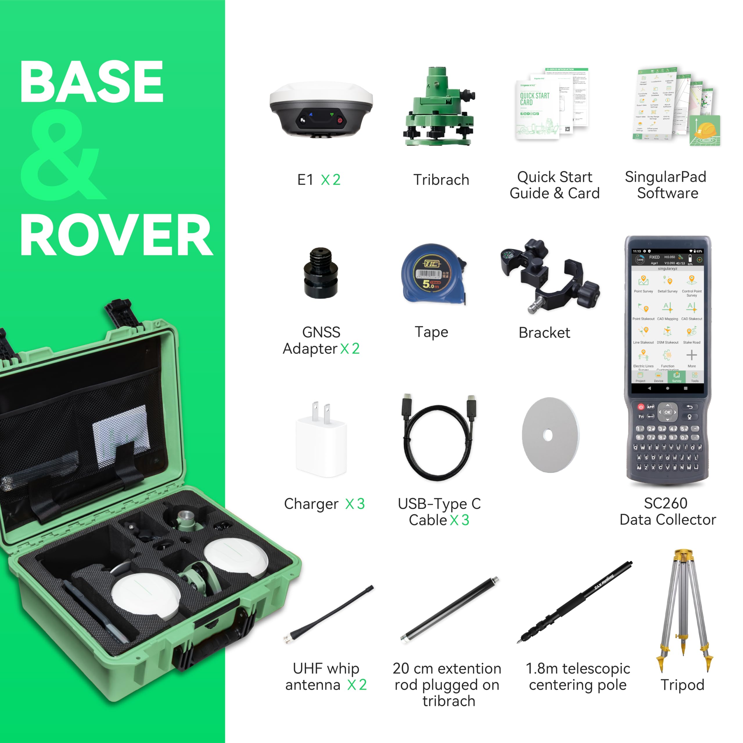 E1 RTK GNSS Equipo de encuesta Receptor GPS con IMU Rover y Base Colector de mano Land Total Station Equipo de topografía, sistema de navegación (incluye poste, tribrach, trípode)