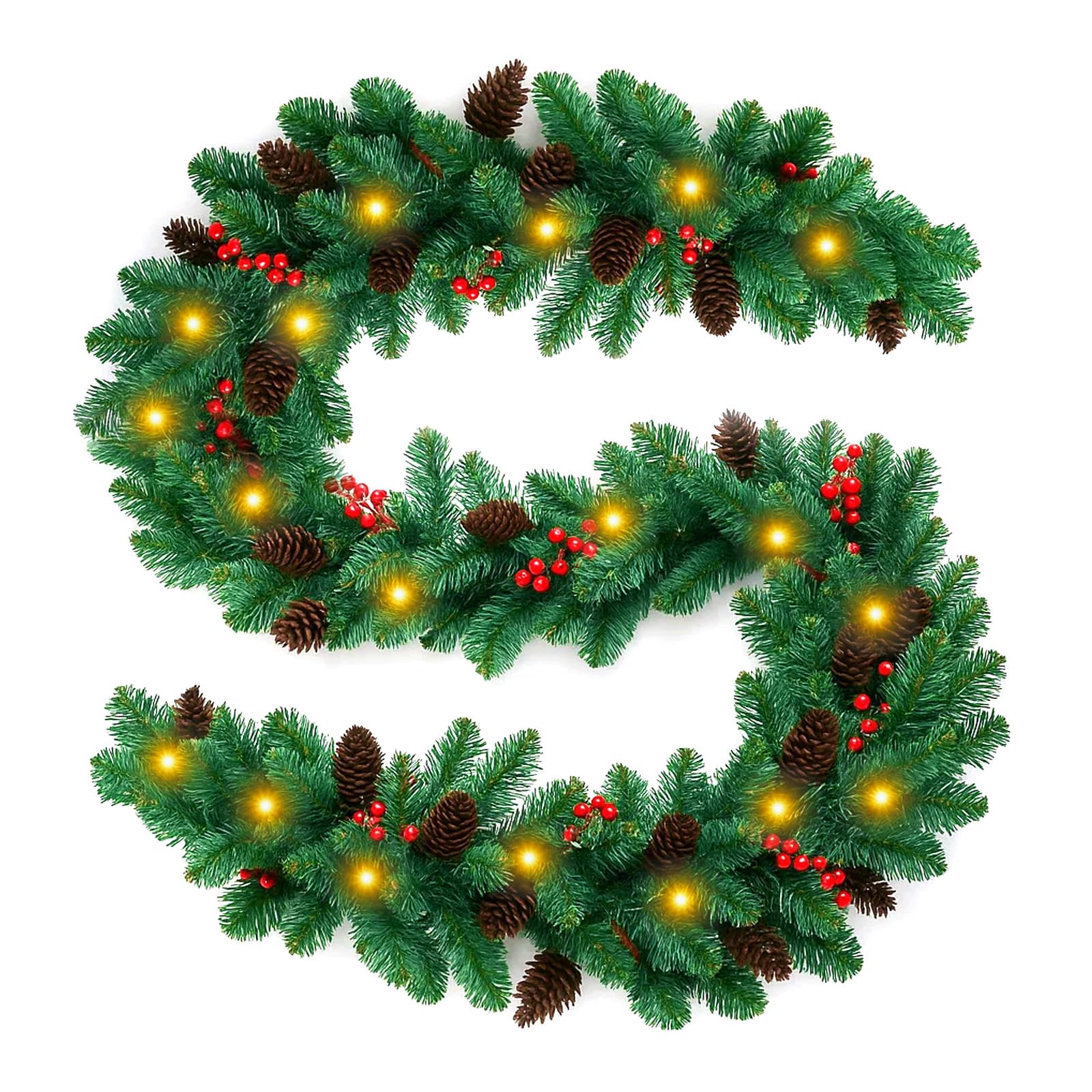 GREENSAPPIRE Christmas Garland 2.7M/9FT Pre-lit Artificial Christmas Garland with LED Lights 27 Pine Cones 27 Red Berries Decorations for Indoor Outdoor Fireplace Stair Front Door Xmas (1PCS)