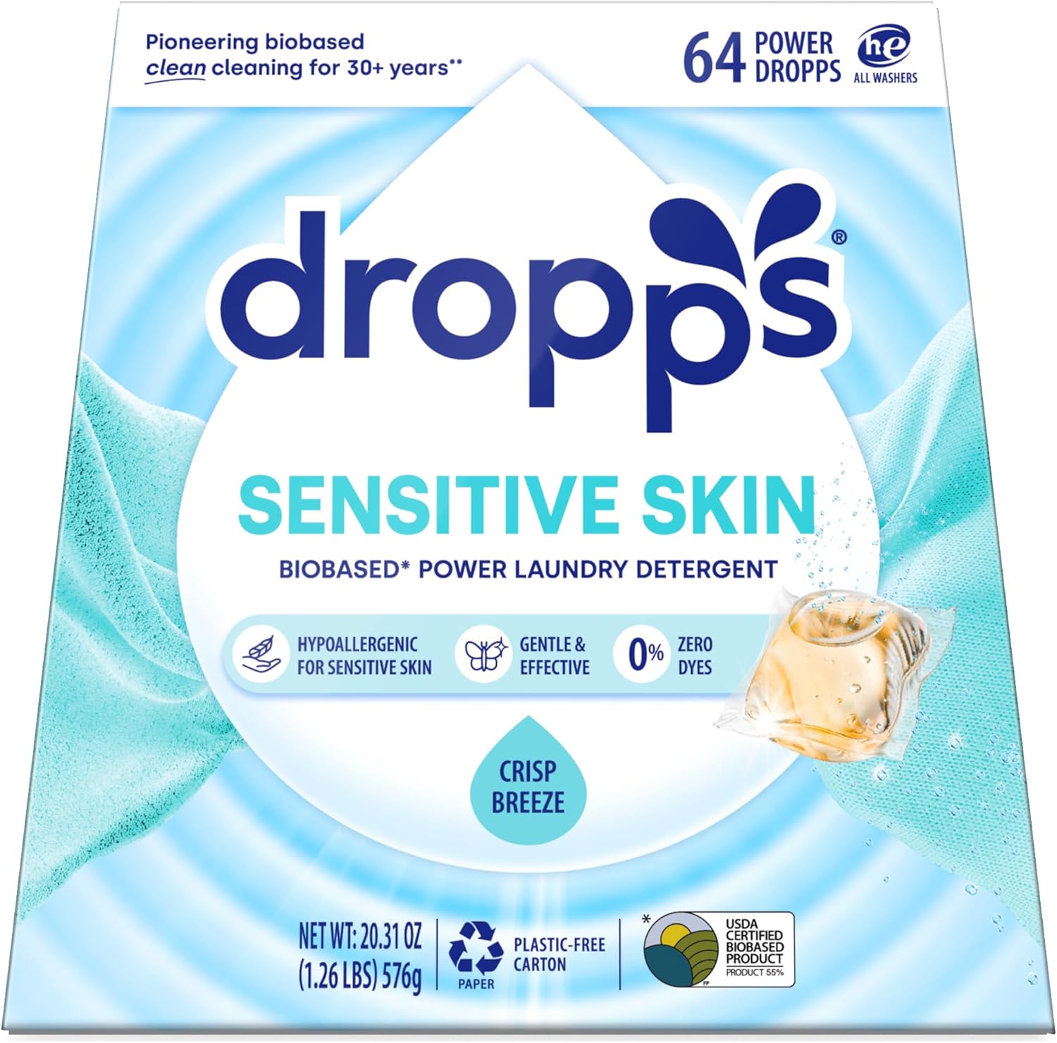 Dropps Sensitive Skin Laundry Detergent Pods, Crisp Breeze (64 Count) - Dermatologist Tested Laundry Pods - HE Compatible Laundry Supplies for Clean Clothes, Vegan & Dye-Free Crisp Breeze 64 Count (Pack of 1) - Image 1 of 6