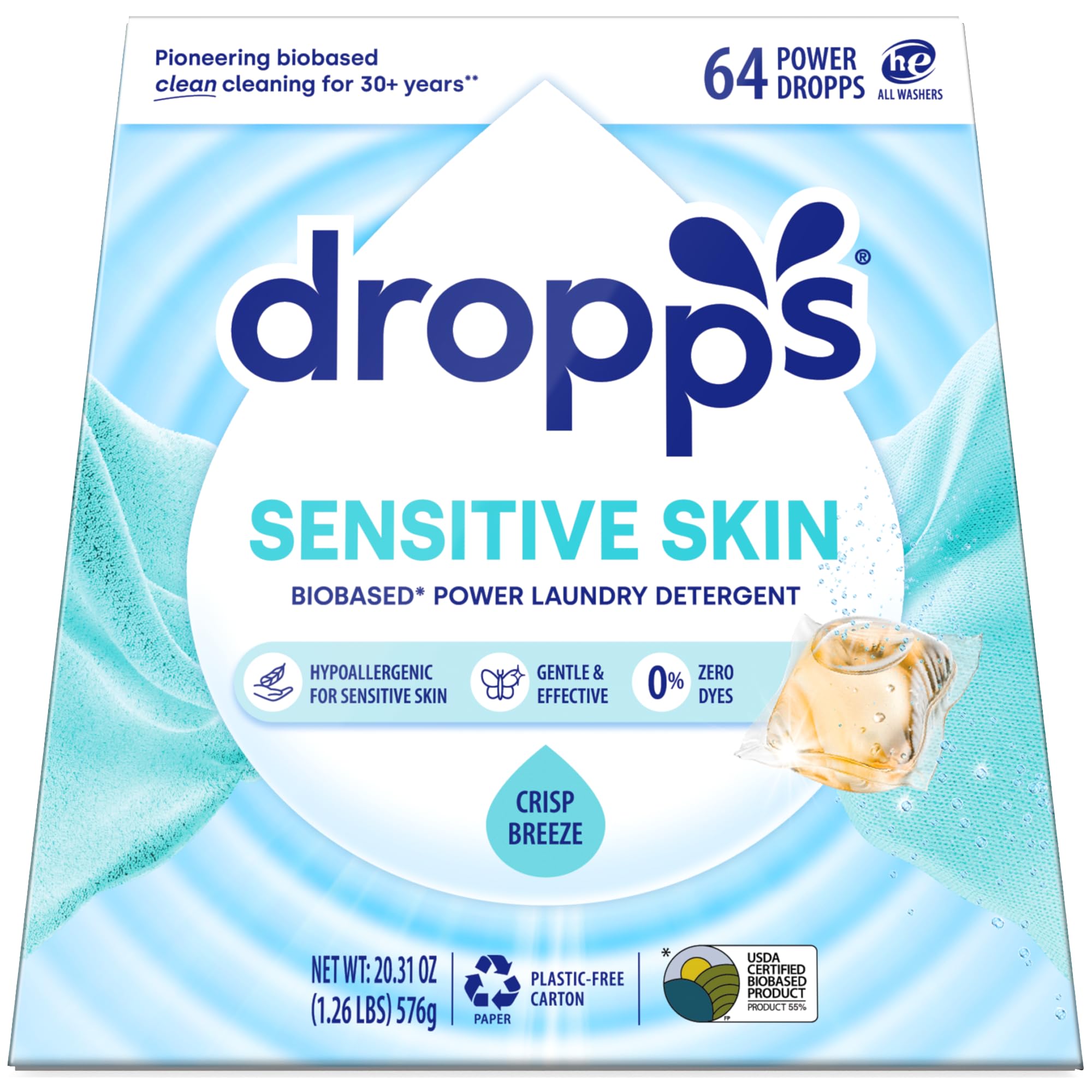 Dropps Sensitive Skin Laundry Detergent Pods, Crisp Breeze (64 Count) - Dermatologist Tested Laundry Pods - HE Compatible Laundry Supplies for Clean Clothes, Vegan & Dye-Free