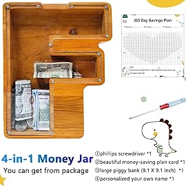Custom Wooden Piggy Bank, Laser Engraved Name, Creative Twenty-Six English Alphabet Letter Storage Tank, Personalized Coin Bank, Customized Wood Toy, DIY Name Letter Kids Money Bank (F)