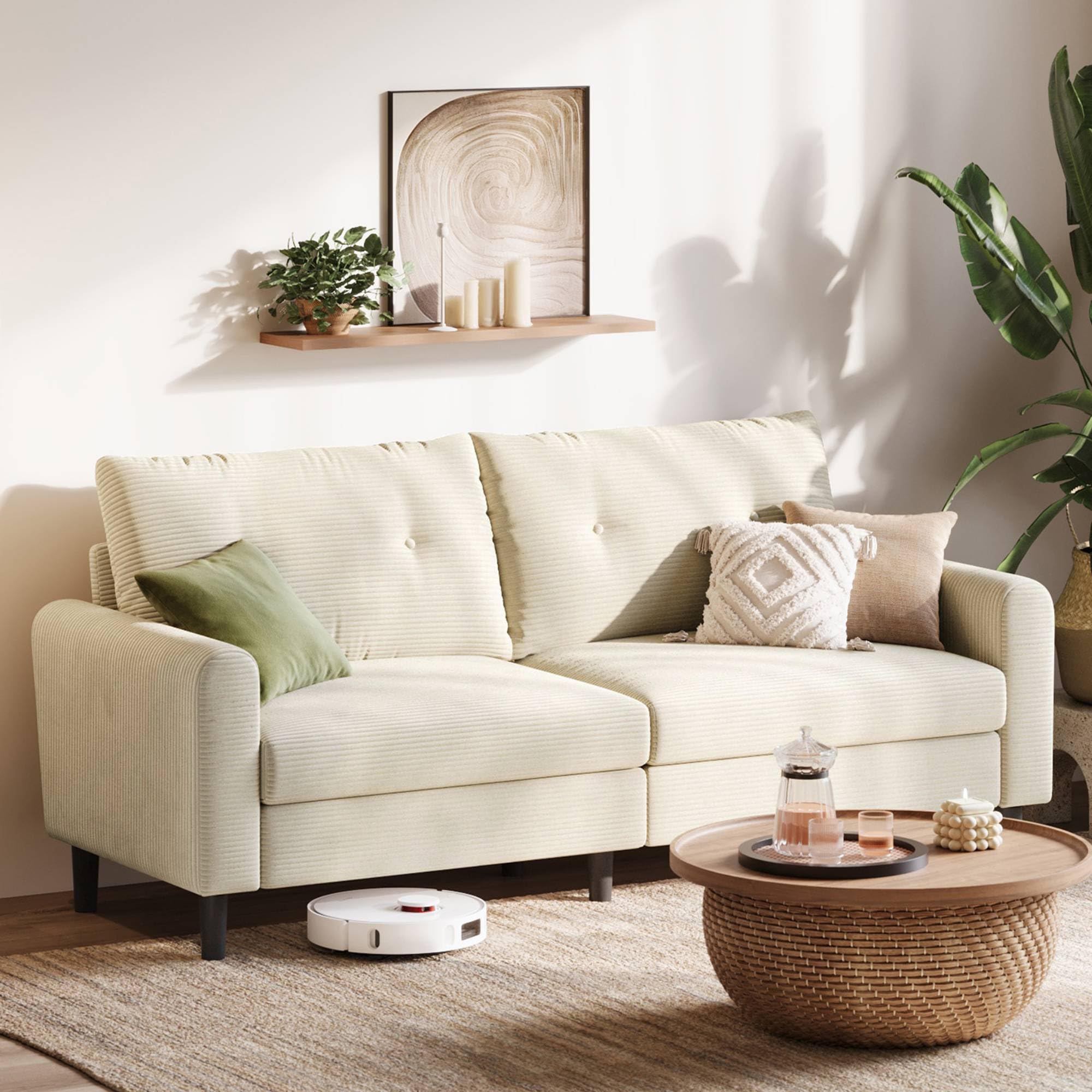 LINSY HOME 3-Seater Sofa, 201 cm Wide Sofas with Adjustable Seat Depth, Small Sofa Couch for Living Room, Bedroom, Home, Office, Beige
