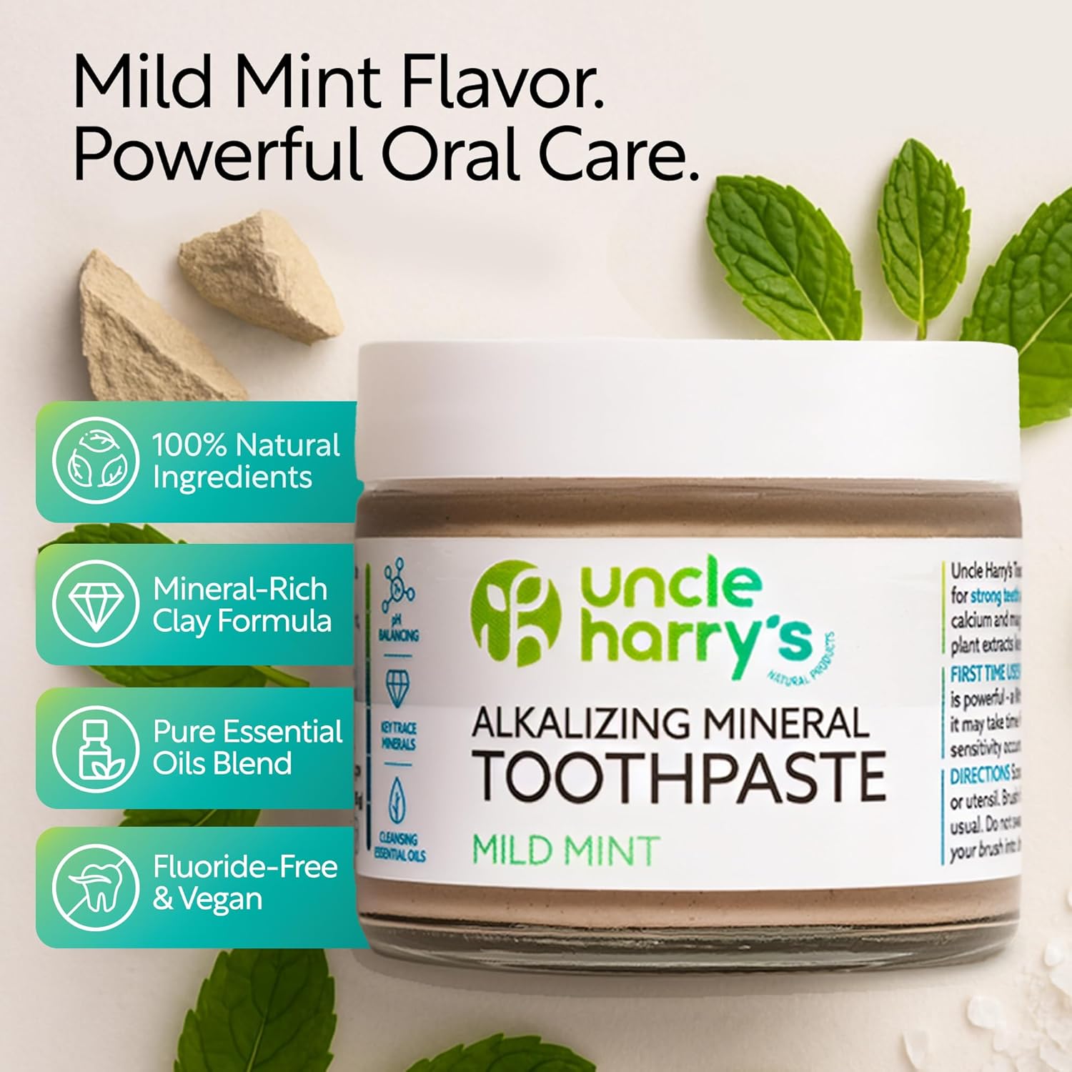 Uncle Harry's Mild Mint Remineralizing Toothpaste | Natural Whitening Freshens Breath & Promotes Enamel | Vegan Fluoride Free Toothpaste, 3 Oz (2 Pack)