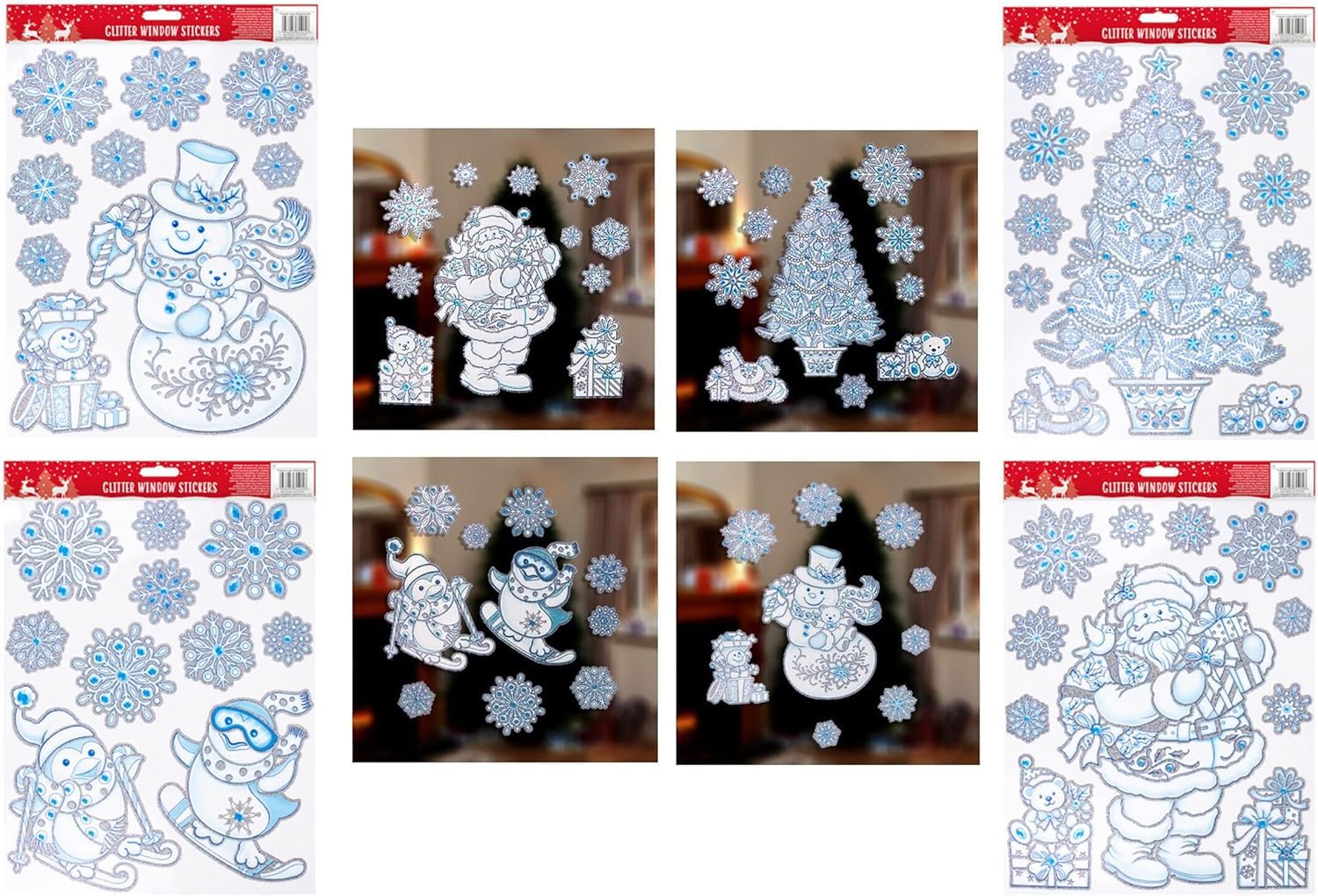 41Pcs Christmas Window Stickers, 4X Large Sheets Glitter Santa, Snowman, Tree & Snowflake Designs, Reusable Double-Sided Xmas Window Clings, Colorful Decals for Festive Holiday Decorations