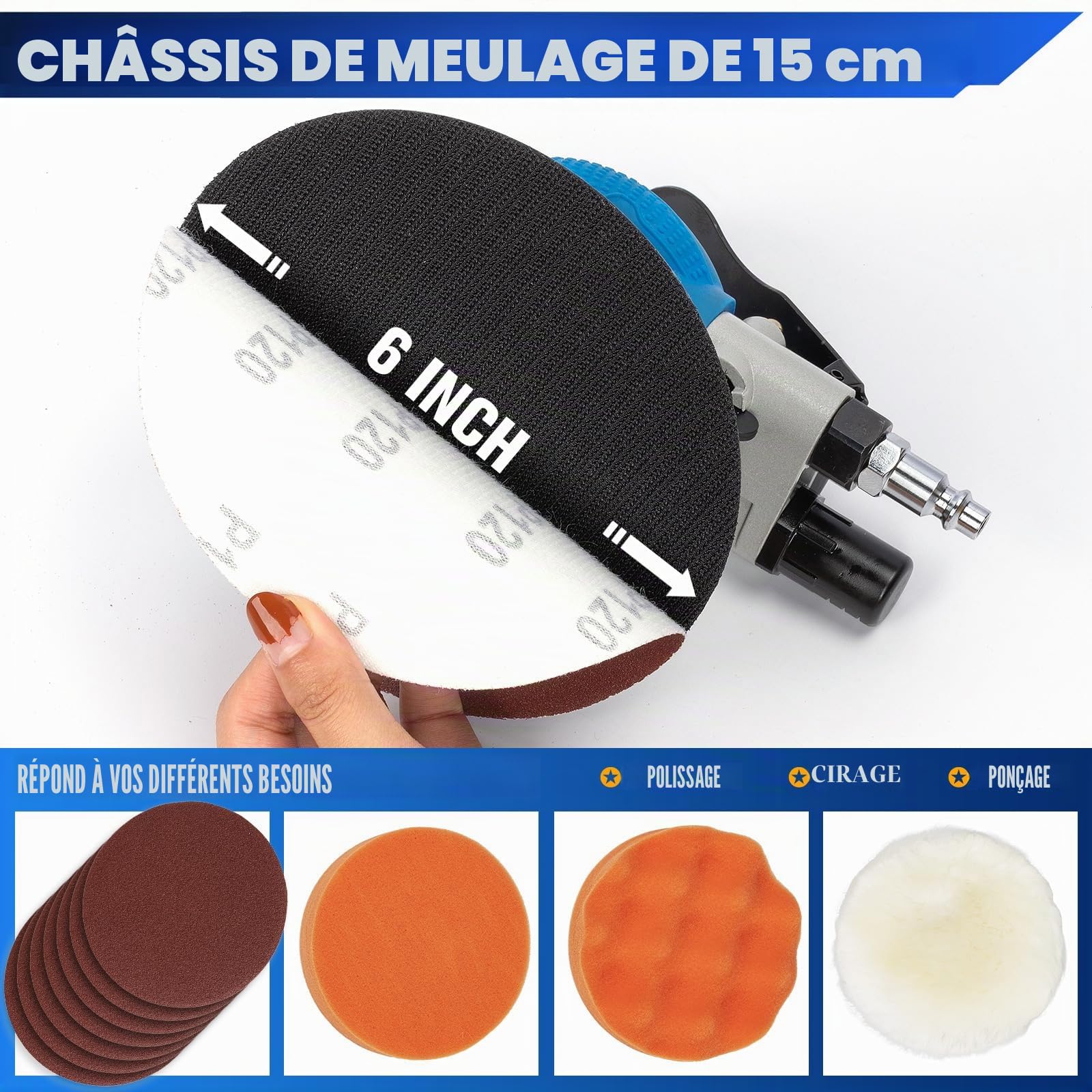 Ponceuse excentrique à air comprimé pneumatique orbitale avec régulation de la Vitesse, pour polissage du bois, métal et carrosserie, ponceuse double action Ø 150 mm 6“