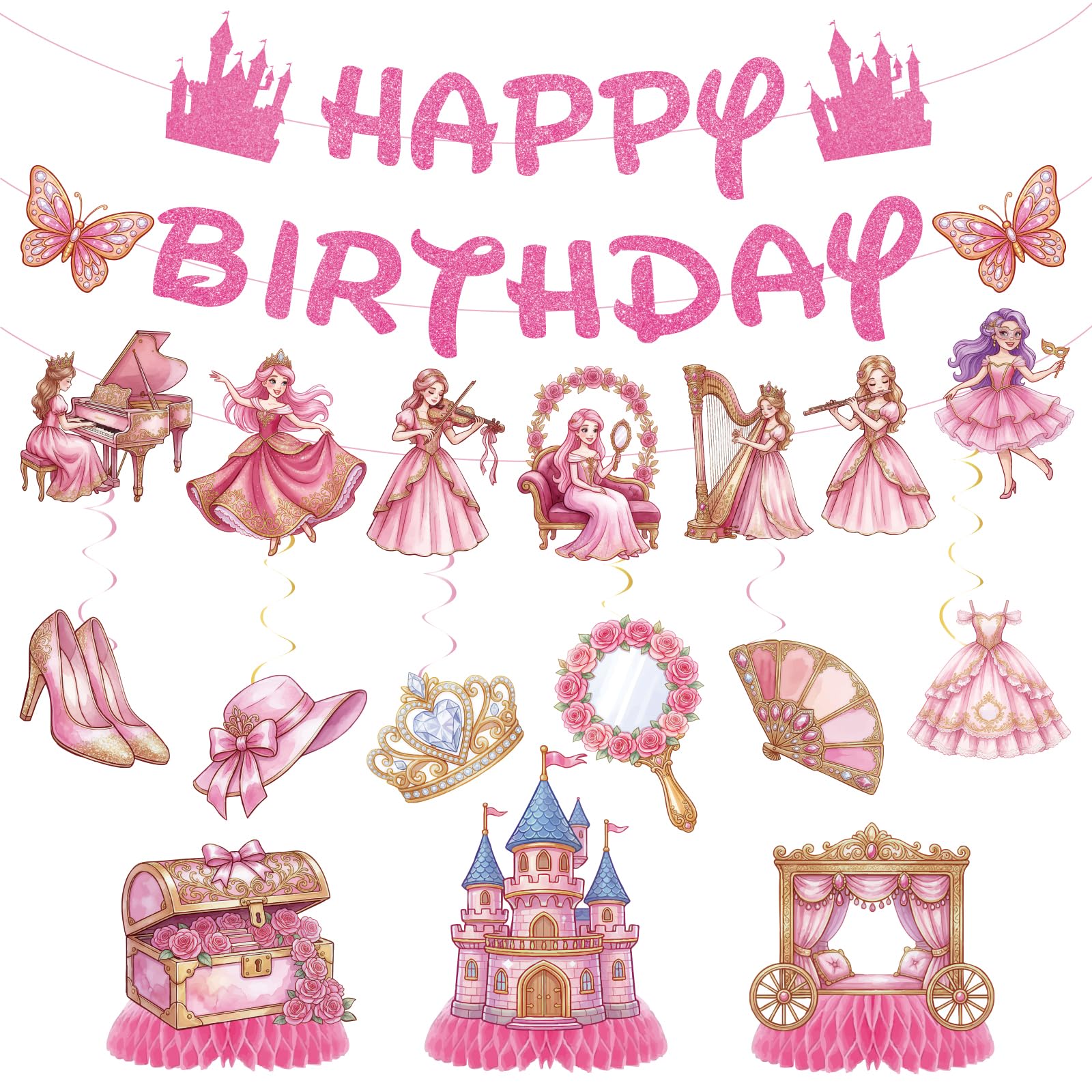 Princess Happy Birthday Banner Decorations - Hanging Swirls for Girls Kids