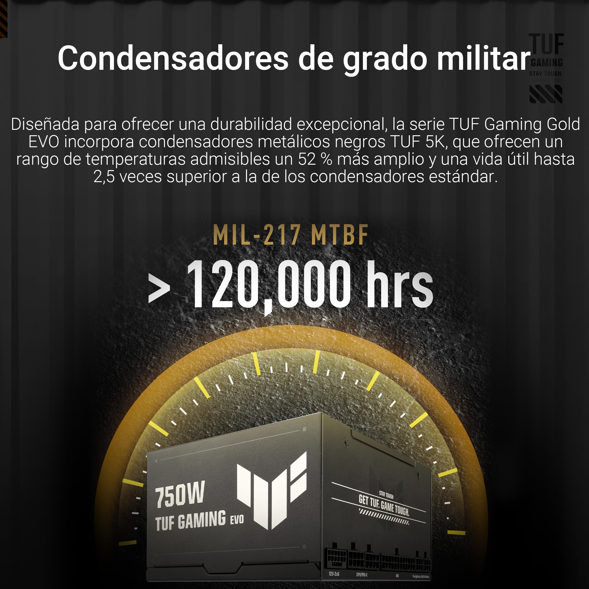 ASUS TUF Gaming 750W Gold EVO - Fuente de alimentación Modular (certificación 80 Plus y Cybenetics Gold, ATX 3.1, PCIe 5.1, Cable 12V-2x6, 8 años de Cobertura, componentes de Grado Militar)