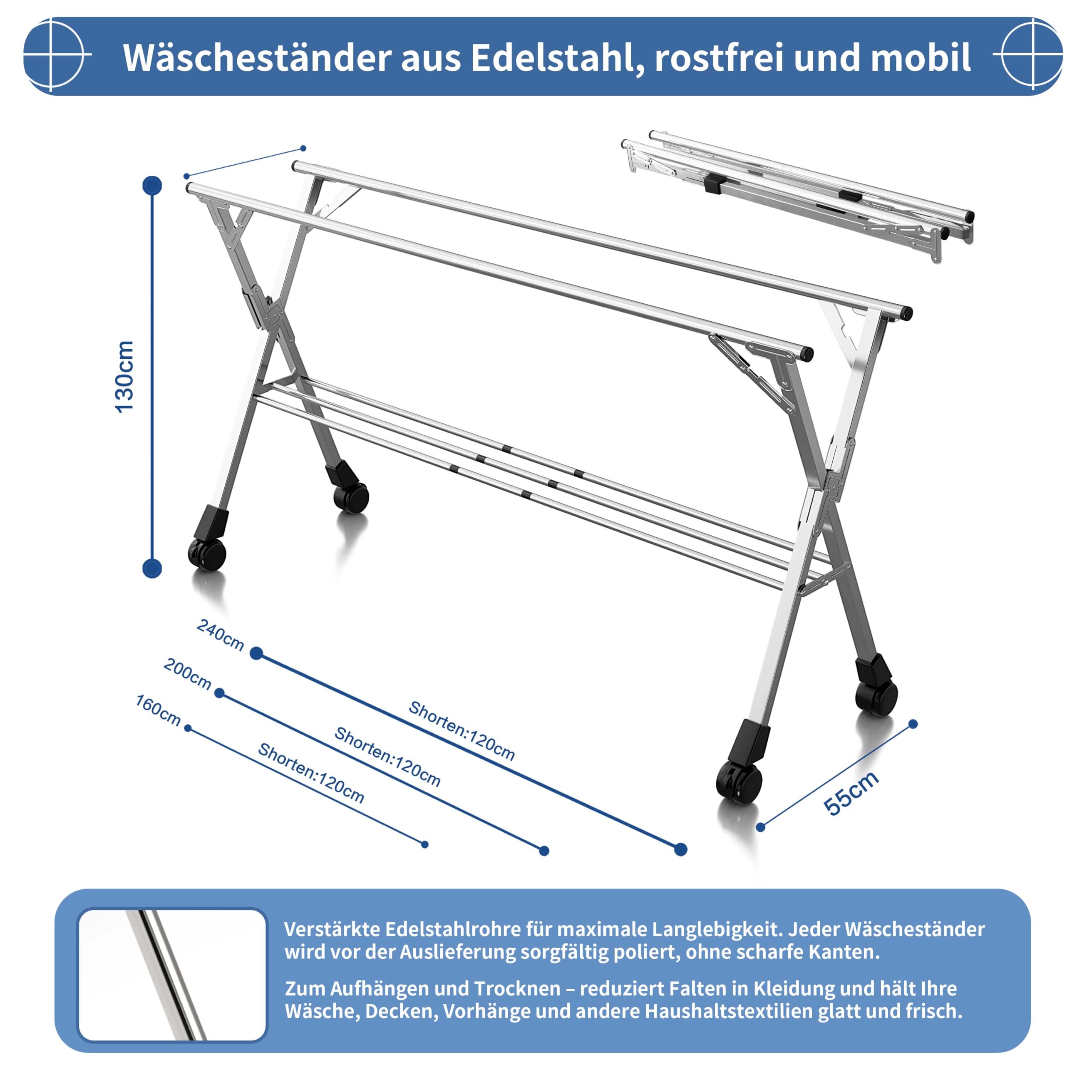 Wäscheständer 240 cm, Faltbarer Kleiderständer für drinnen und draußen, Wäscheständer zusammenklappbar, Wäscheständer aus robustem Edelstahl, Kleiderständer mit 20 Haken und 12 Klammern (240cm)