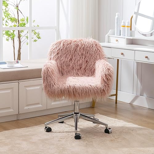 Miniatura 6 de HomVent Silla de oficina moderna de piel sintética rosa, silla de tocador tapizada de piel sintética, silla de escritorio peluda con ruedas y base