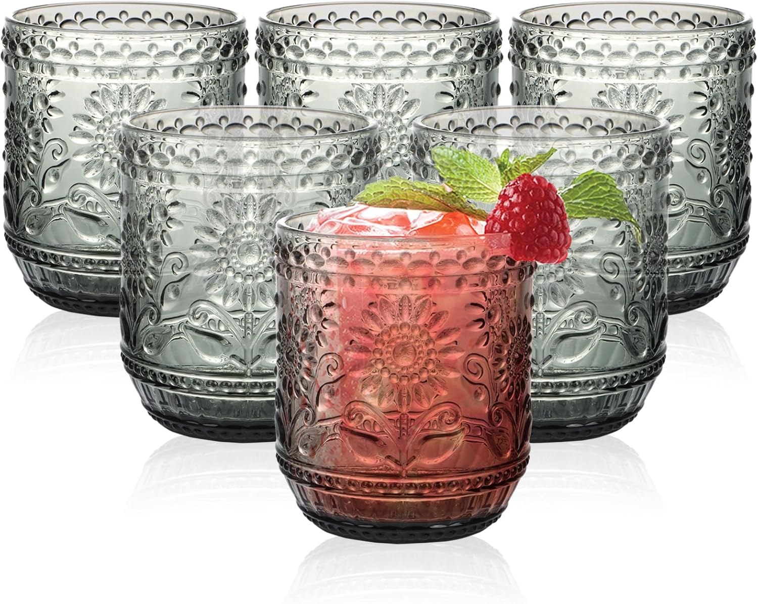 Goldmeet 12 Oz Sunflower Vintage Drinking Glasses, Set of 6, Elegant Green Retro Colored Kitchen Glassware Cups, Great Gift for New Home Owners, for Cocktail, Water, Juice, Coffee, Whiskey