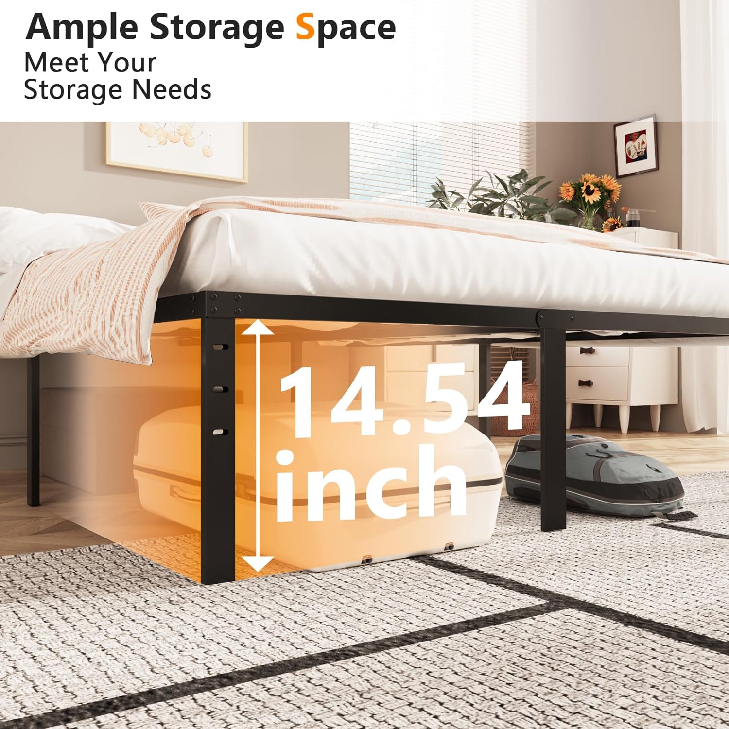 VINGLI 16 Inch King Bed Frame, Heavy Duty Metal Platform - No Box Spring Needed,Reinforced Steel Slats, Noise-Free, Easy Assembly, 14.5 Inches Underbed Storage, Black