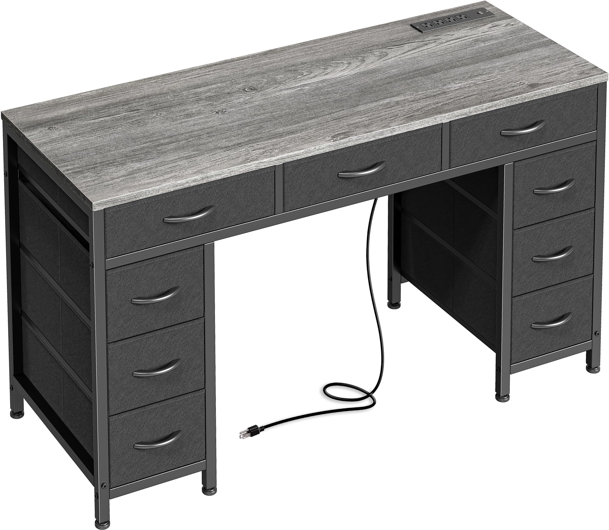 PRAISUN 47 Inch Office Desk with Outlets, Computer Desk with 9 Fabric Drawers, Writing Gaming Work Study Desk for Bedroom, Living Room, Home Office, Large Storage, Grey