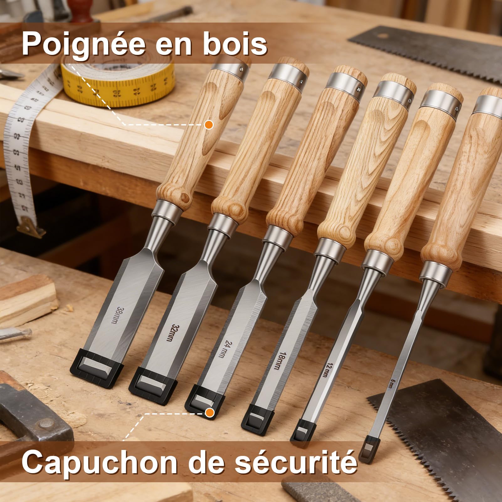 Yosoo Health Gear Jeu de Ciseaux à Bois, 6 Tailles, Ciseaux à Découper avec Pierre à Aiguiser, Guide D'affûtage, Boîte de Rangement en Bois