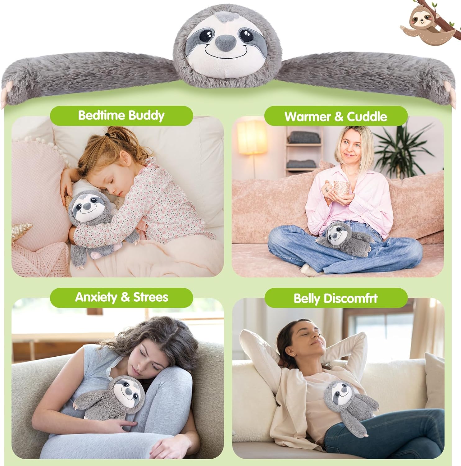 SUZZIPAD Microwavable Stuffed Animal, Heated Sloth Plush for Anxiety, Bedtime, Cuddle & Companion, Soreness & Stress Relief, Warmer Plueshies, Microwave Heating Pad, Gifts for Women, Gray - Image 5