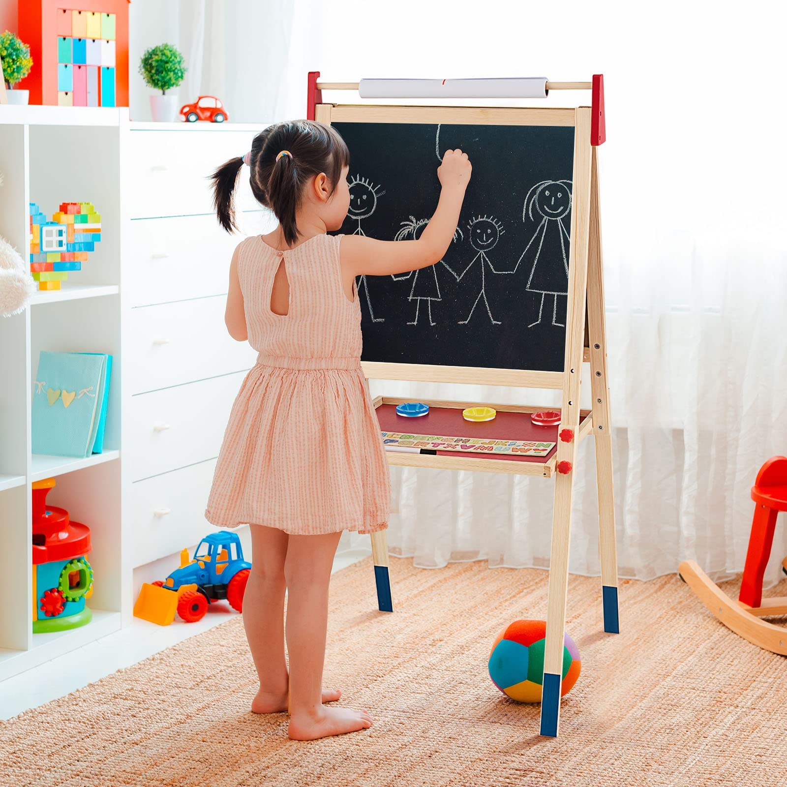 RELAX4LIFE Cavalletto in Legno per Bambini Regolabile in Altezza a 3 Livelli, con Doppia Pittura Laterale, Lavagna per Dipingere, Lavagna in Legno, 60x55x112,5-124,5 cm, Naturale