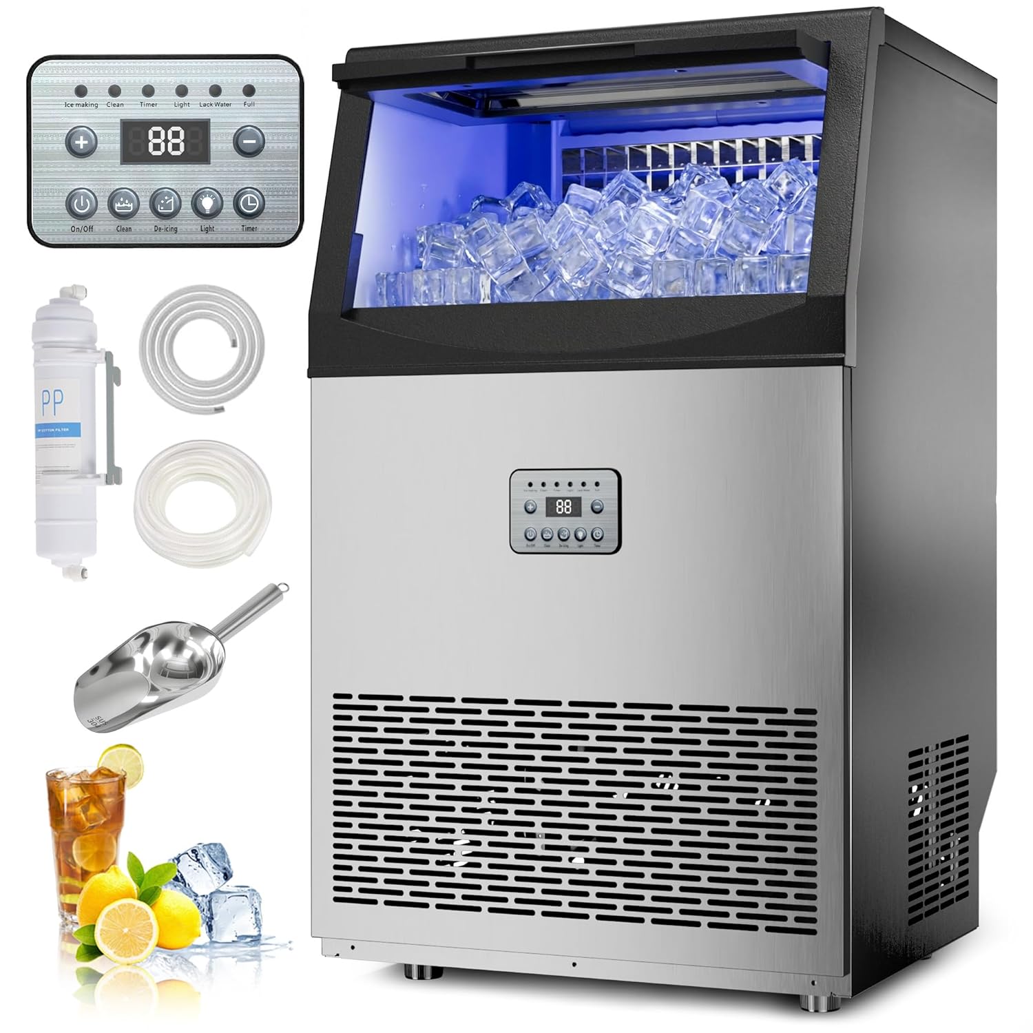 Commercial Ice Maker, 200Lbs/24H Stainless Steel Ice Machine with 33Lbs Storage, Under Counter & Freestanding Ice Makers with Self-Cleaning, 96 Cubes in 14 Mins for Cafe, Bar, Restaurant
