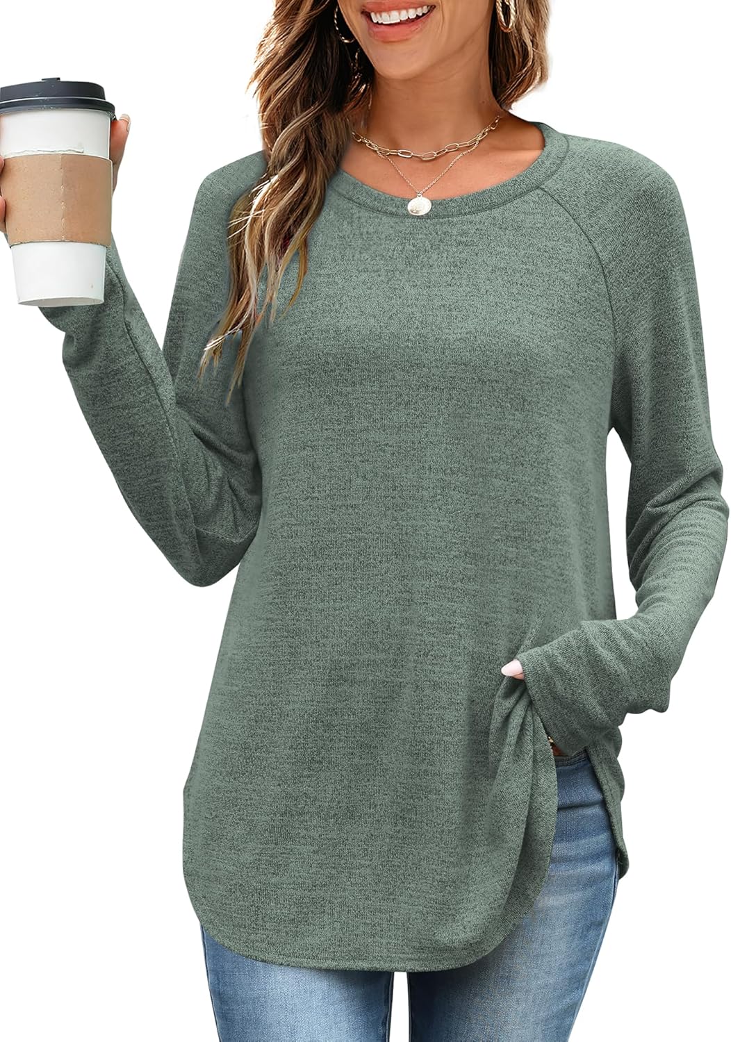 OFEEFAN Long Sleeve Shirts for Women Loose Fit Tunic Tops dressy casual Crew Neck Pullover Sweaters fall Outfits Clothes 2025 - Image 4