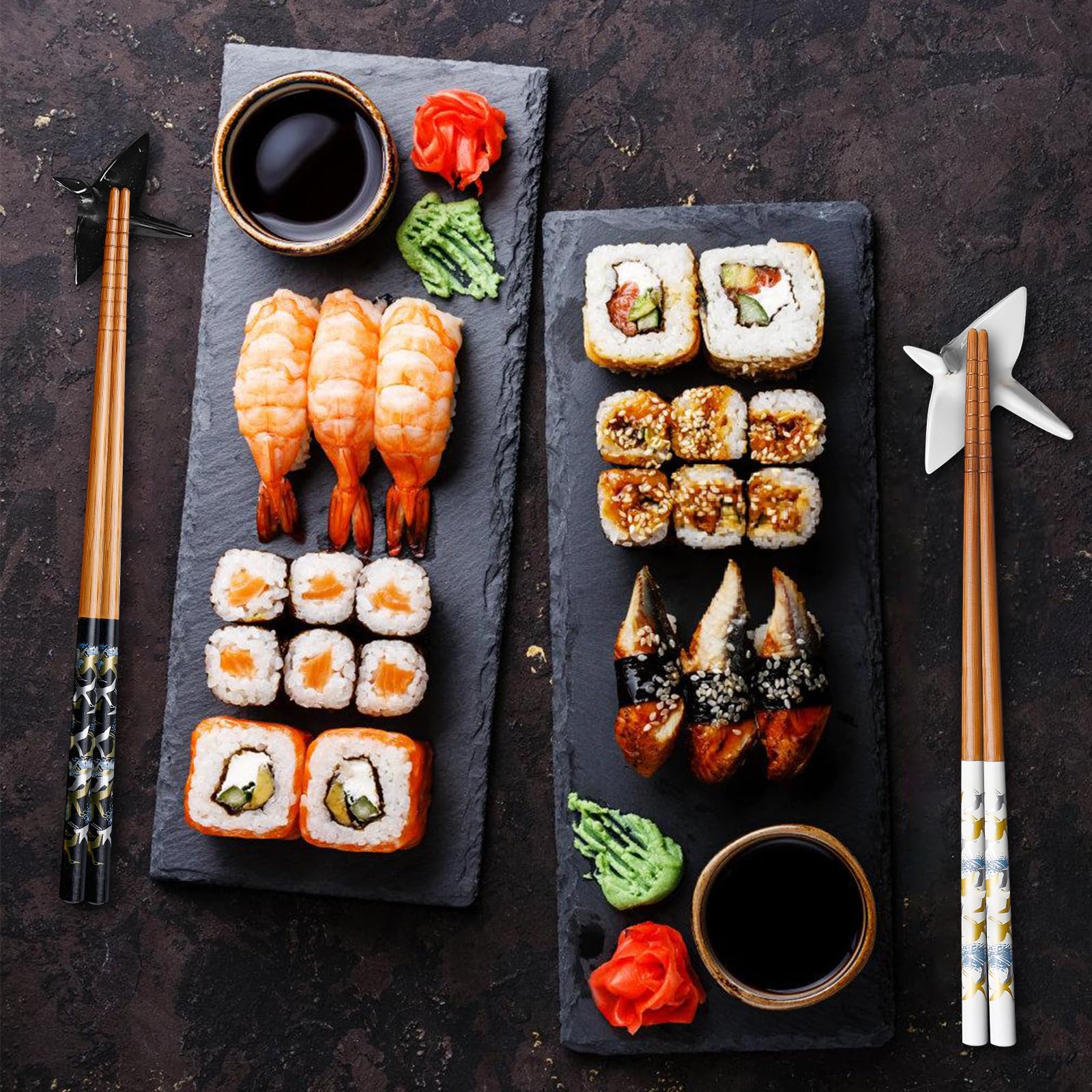 BAIFULAI 2 paia di bacchette per sushi, bastoncini in legno con supporto per gru in ceramica, sostenibili Chopsticks giapponese, cinese, coreano, taiwanese, regalo giapponese