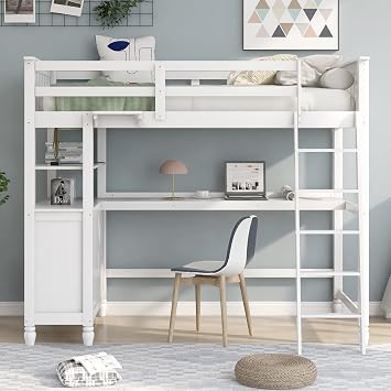 Harper & Bright Designs Twin Size Loft Bed with Desk and Storage, Solid Wood Loft Bed Frame with Drawers and Bookshelf, for Kids Teens Adults - White