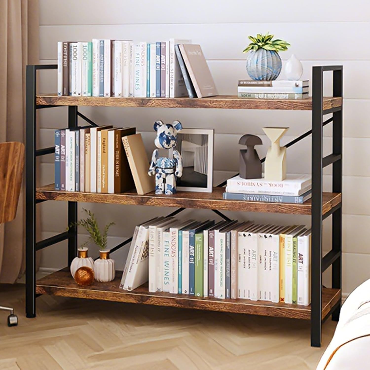 Bookshelf 3 Tier Bookcase Home Office Bookshelves with Height-Adjustable Wooden Board，Storage Organizer for Garage Kit, CDs, Movies，Books，in Bedroom, Living Room，Kitchen，Vintage