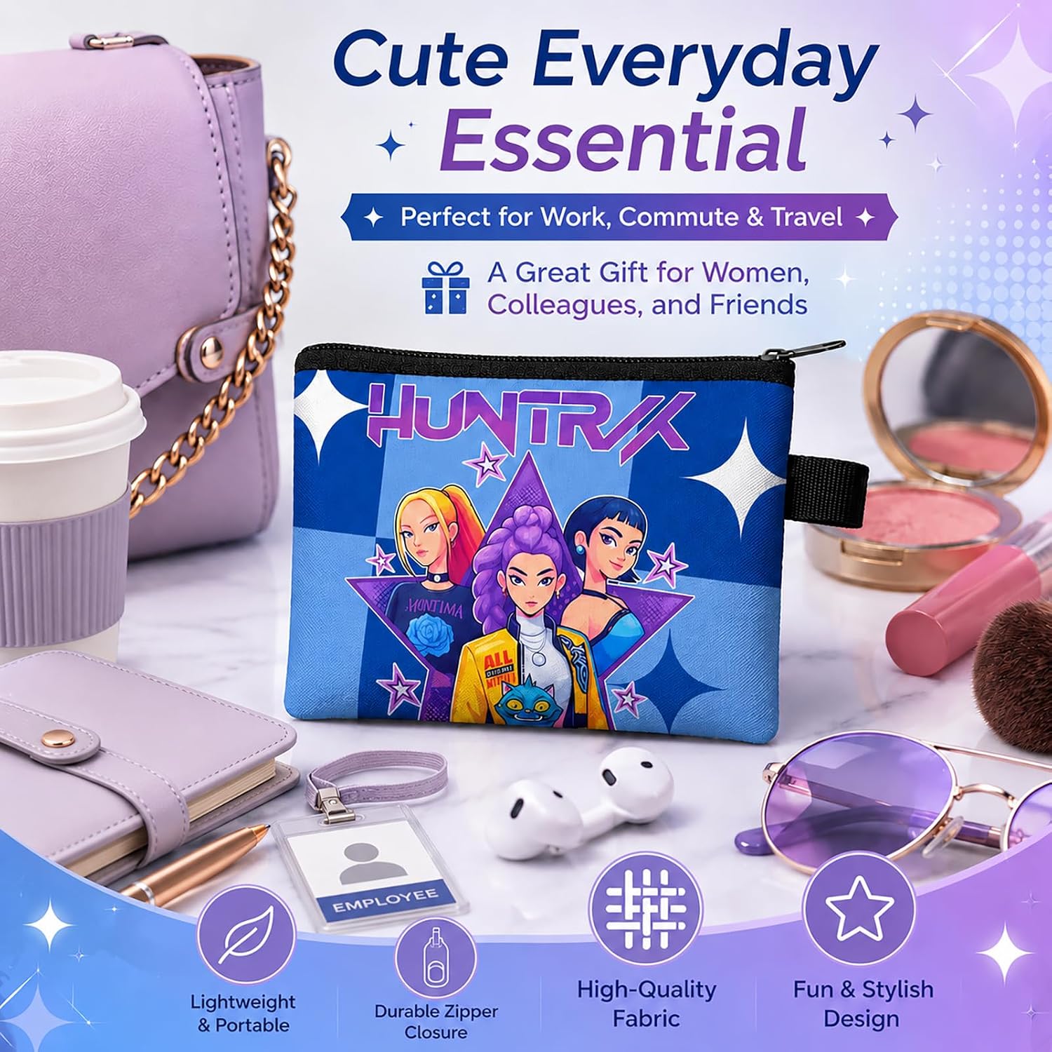 Pop Idol Group Print Coin Purse for Women, Mini Zipper Wallet for Everyday Carry, Lightweight Small Pouch for Coins Cards Earbuds Lipstick, Blue Checkered Change Purse with Side Loop