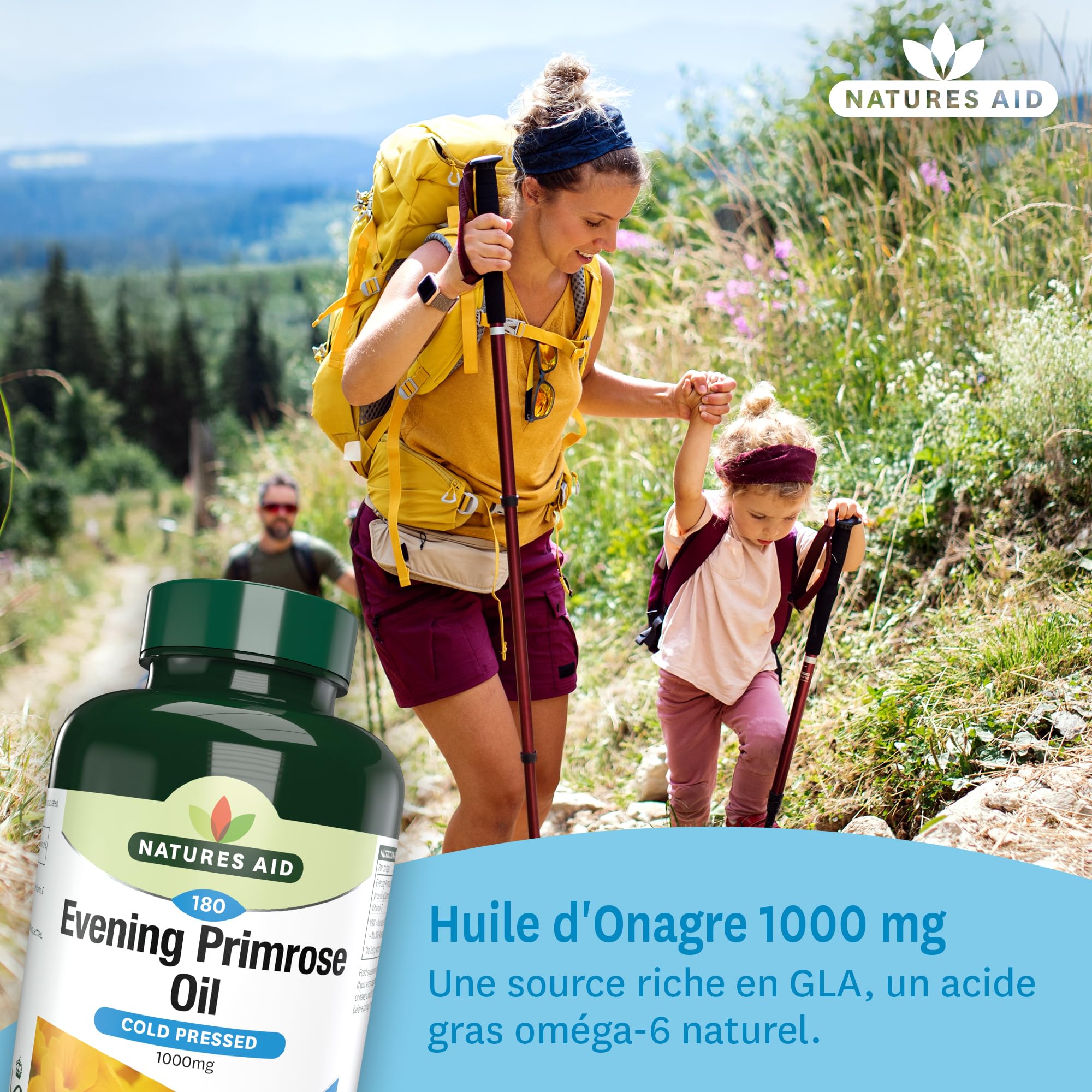 Natures Aid Huile d'Onagre 1000Mg en Gélules Souples - Source Naturelle d'Acides Gras Essentiels Omega 6 de Haute Puissance Pressés à Froid: Acide Gamma Linolénique (AGL) - 180 Jours en Capsules