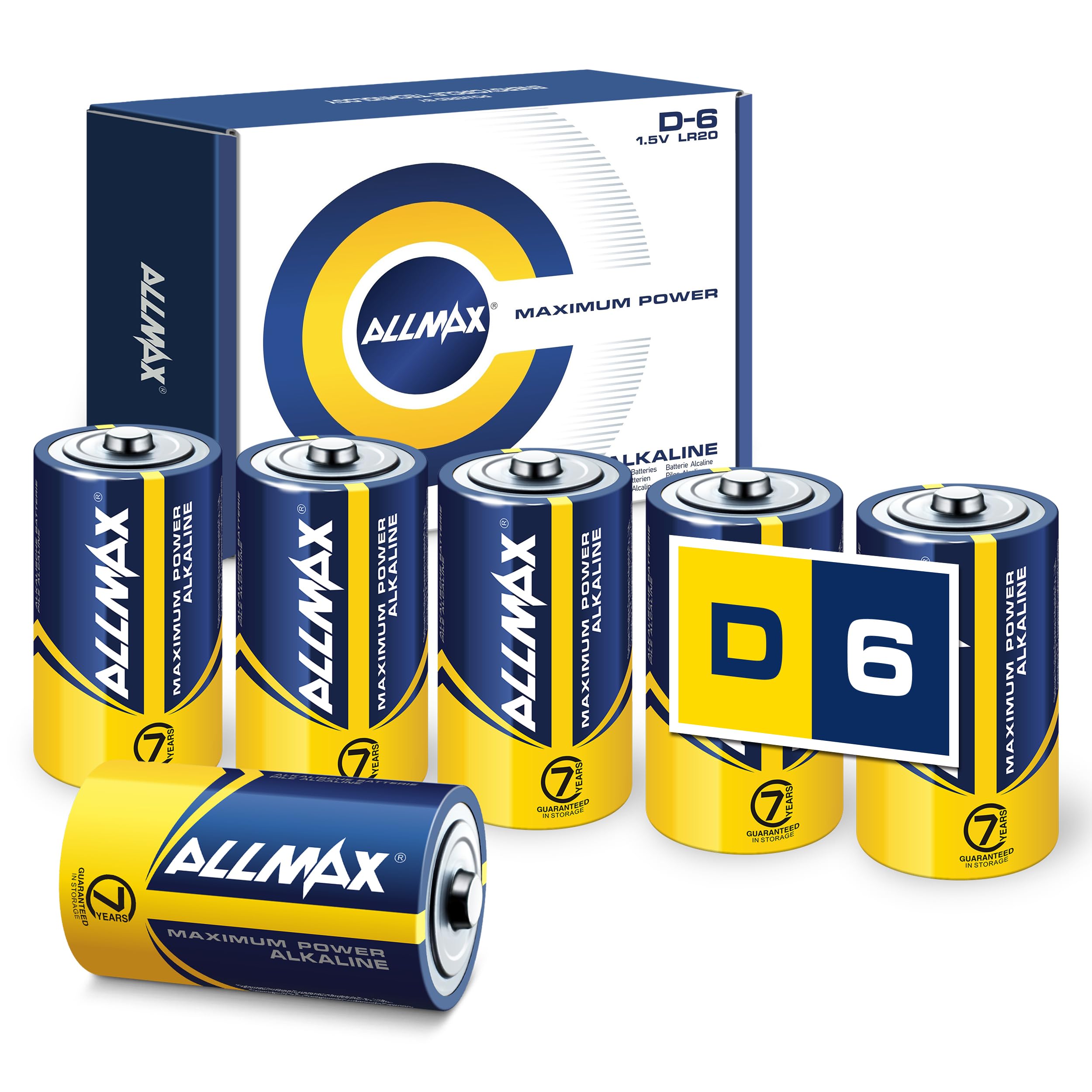 Allmax D (LR20) Maximum Power Alkaline Batteries (6 Count) – Ultra Long-Lasting, Leakproof Design, 7-Year Shelf Life, Maximum Performance (1.5V)