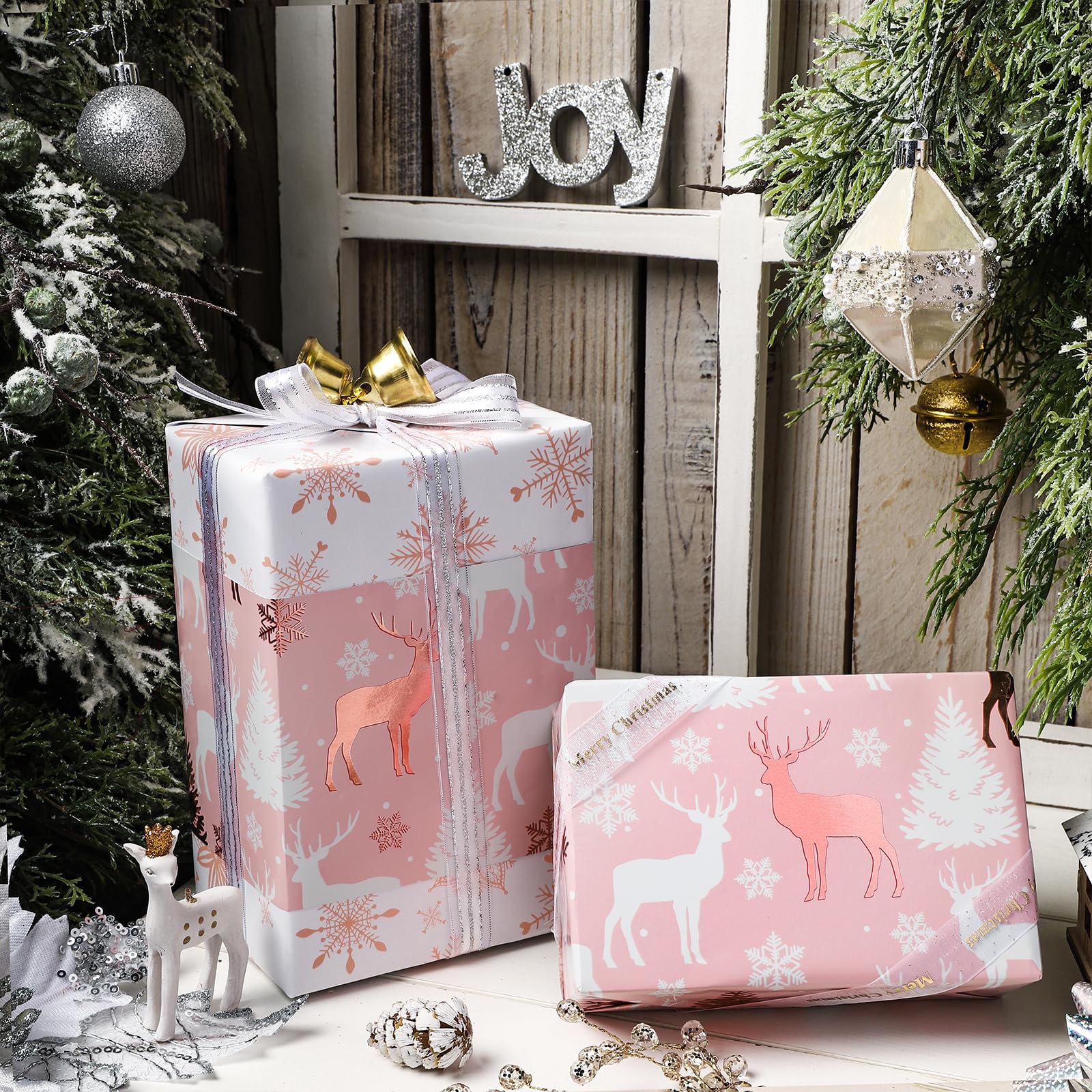 LeZakaa Christmas Pink Wrapping Paper Jumbo Roll, Reindeer & Snowflake