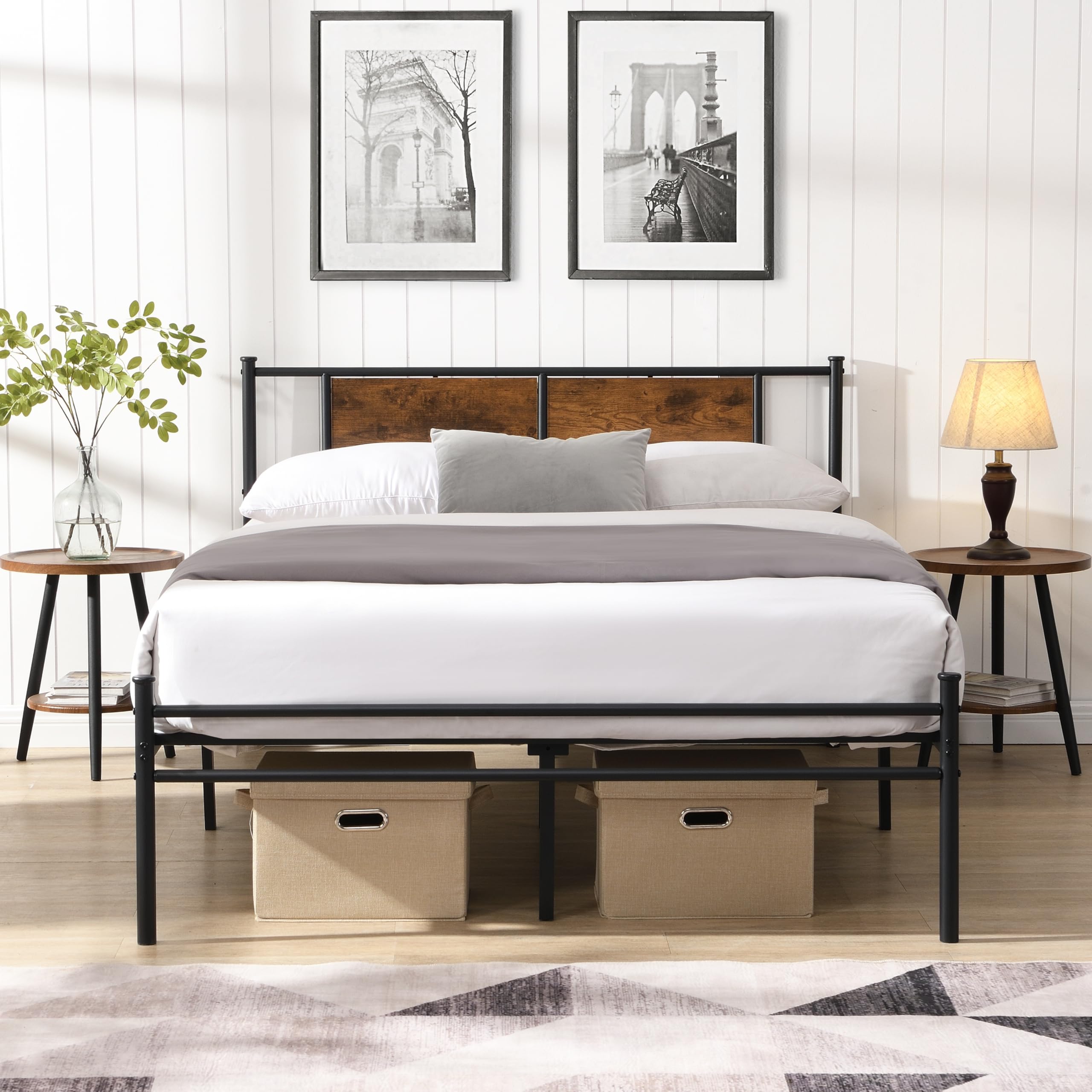 Black King Size Bed Frame with Wood Headboard Heavy Duty Metal Platform Bed with Storage Space for Bedroom