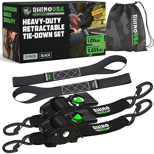 Rhino USA Retractable Ratchet Straps (2-Pack) - 2 Inch x 10 Feet (3,033lb Break Strength) - Heavy Duty Auto Self Retracting Tie Down Straps for Truck, Cargo Trailer, Motorcycle, Rad & More - Black