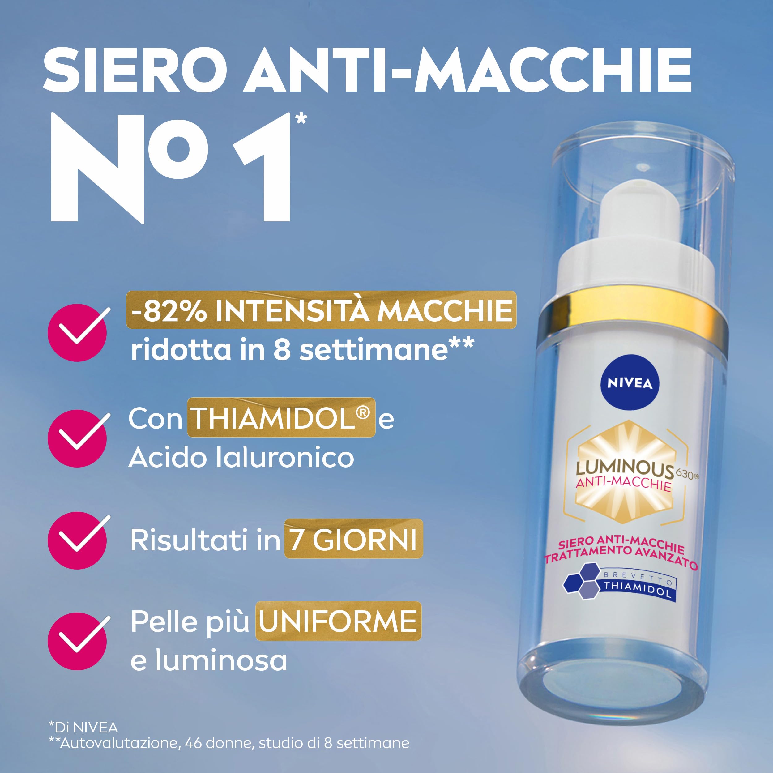 NIVEA Luminous630 Siero Viso Anti-Macchie Trattamento Avanzato 30 ml, Siero antimacchia viso per una pelle luminosa, Siero viso Acido Ialuronico e Thiamidol brevettato per tutti i tipi di macchie