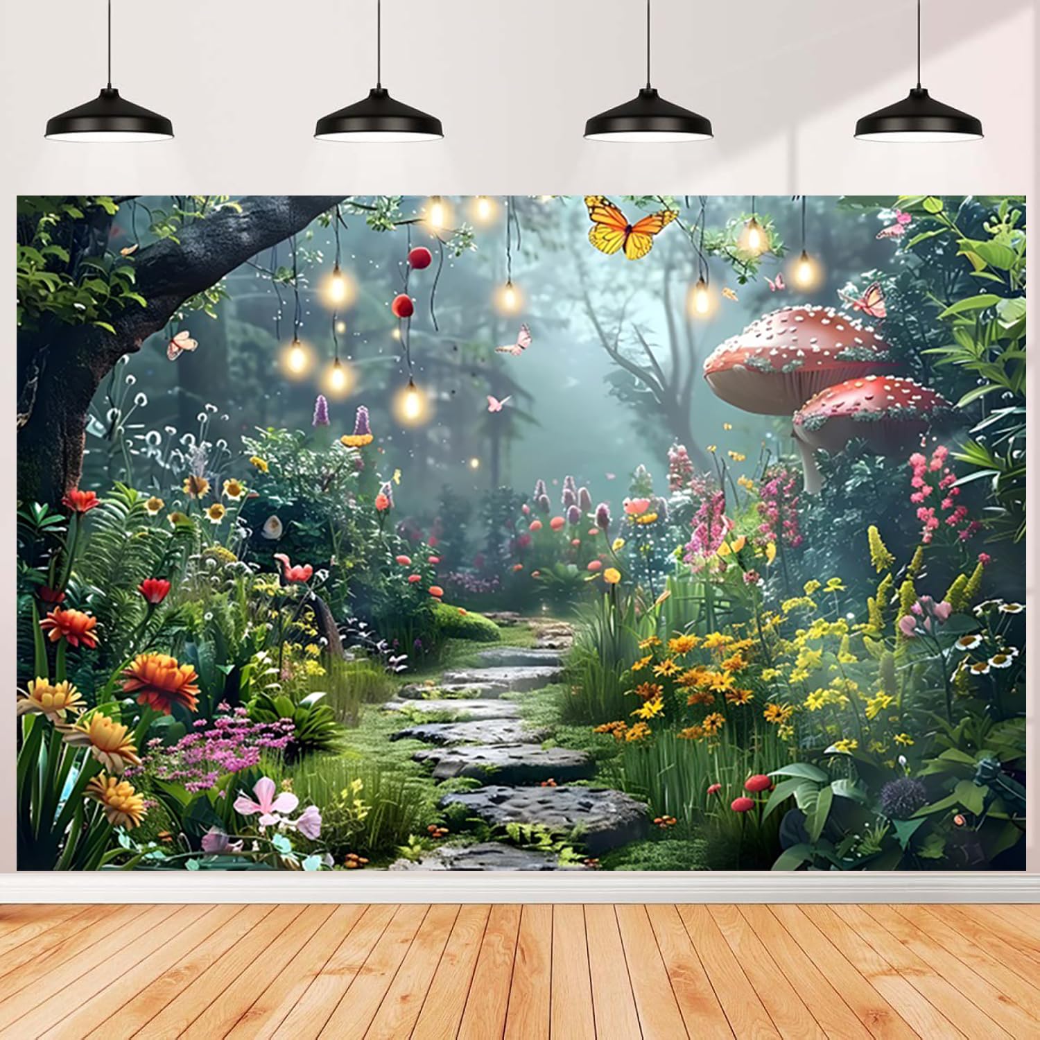 9x6ft Enchanted Forest Backdrop Mushroom Fairy Tale Wonderland Garden Photography Background Colorful Flowers Butterfly Banner Decorations Girl