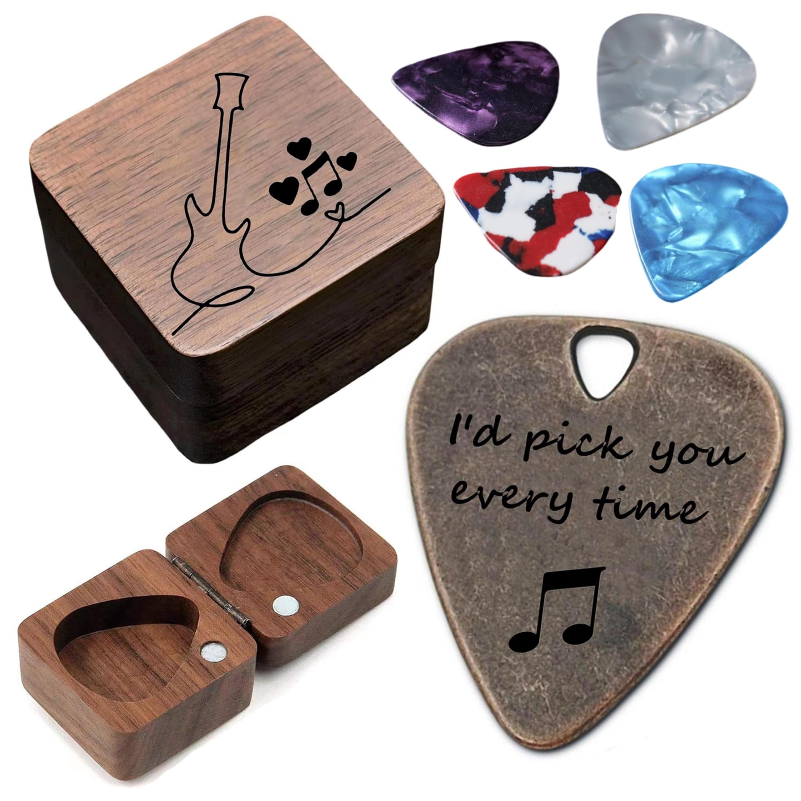 JUPPE Birthday Gifts For HIm or Her, Bronze I'd Pick You Every Time Guitar Pick With Wood Gift Box Music Gifts For Men Women Boy Girl (Wood Box Set)