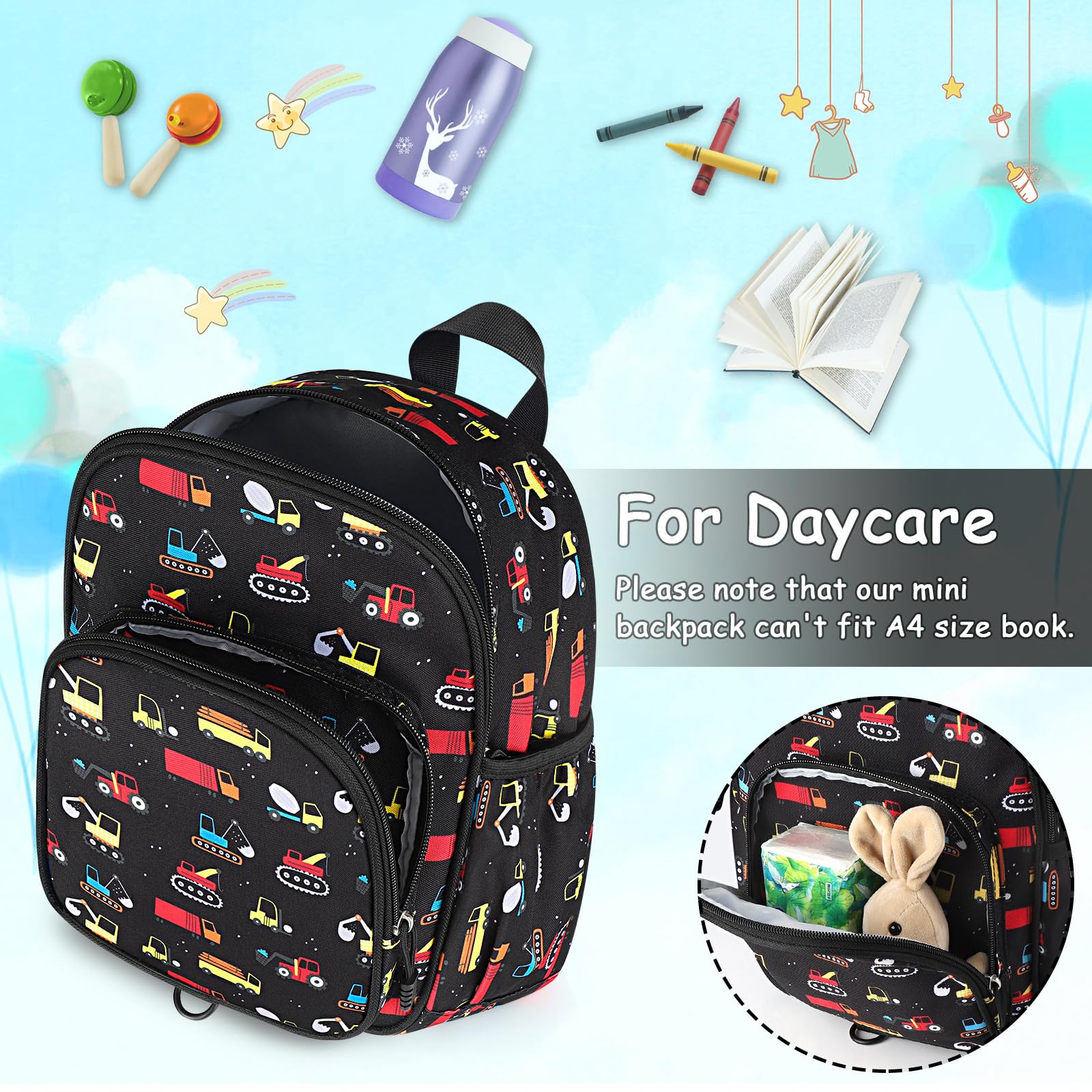 Accmor Toddler Backpack Leash with Child Anti Lost Wrist Link, Mini Kids Back Pack Walking Harnesses Leashes for Travel, Small Excavator Backpack Tether for Baby Boys Ages 1-3