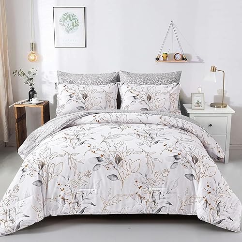 WONGS BEDDING Juego de edredón botánico de 7 piezas, tamaño matrimonial, diseño floral reversible en una bolsa, color gris y dorado con hojas (1