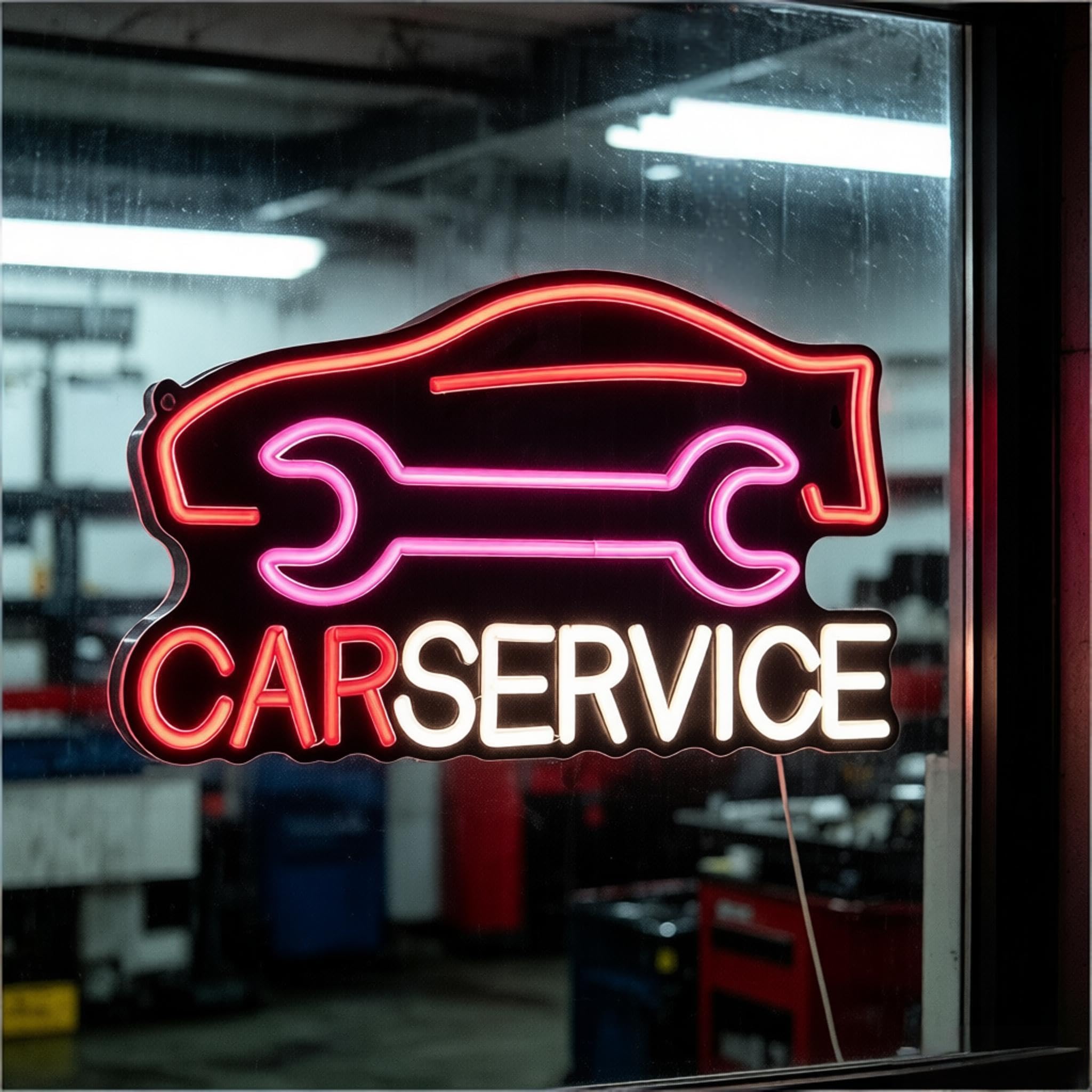 Car Service Neon Sign, Car Silhouette and Wrench Shapes Decorative Neon Light for Auto Shop Garage Workshop Man Cave Wall Table Automotive Themed Decor, USB Powered LED Light, 16.1 x 9.1 In